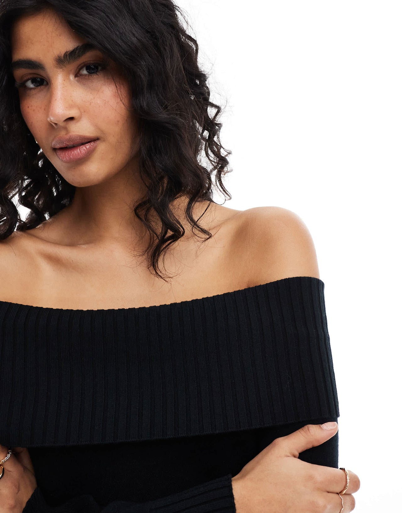 Stradivarius off the shoulder knitted top in black
