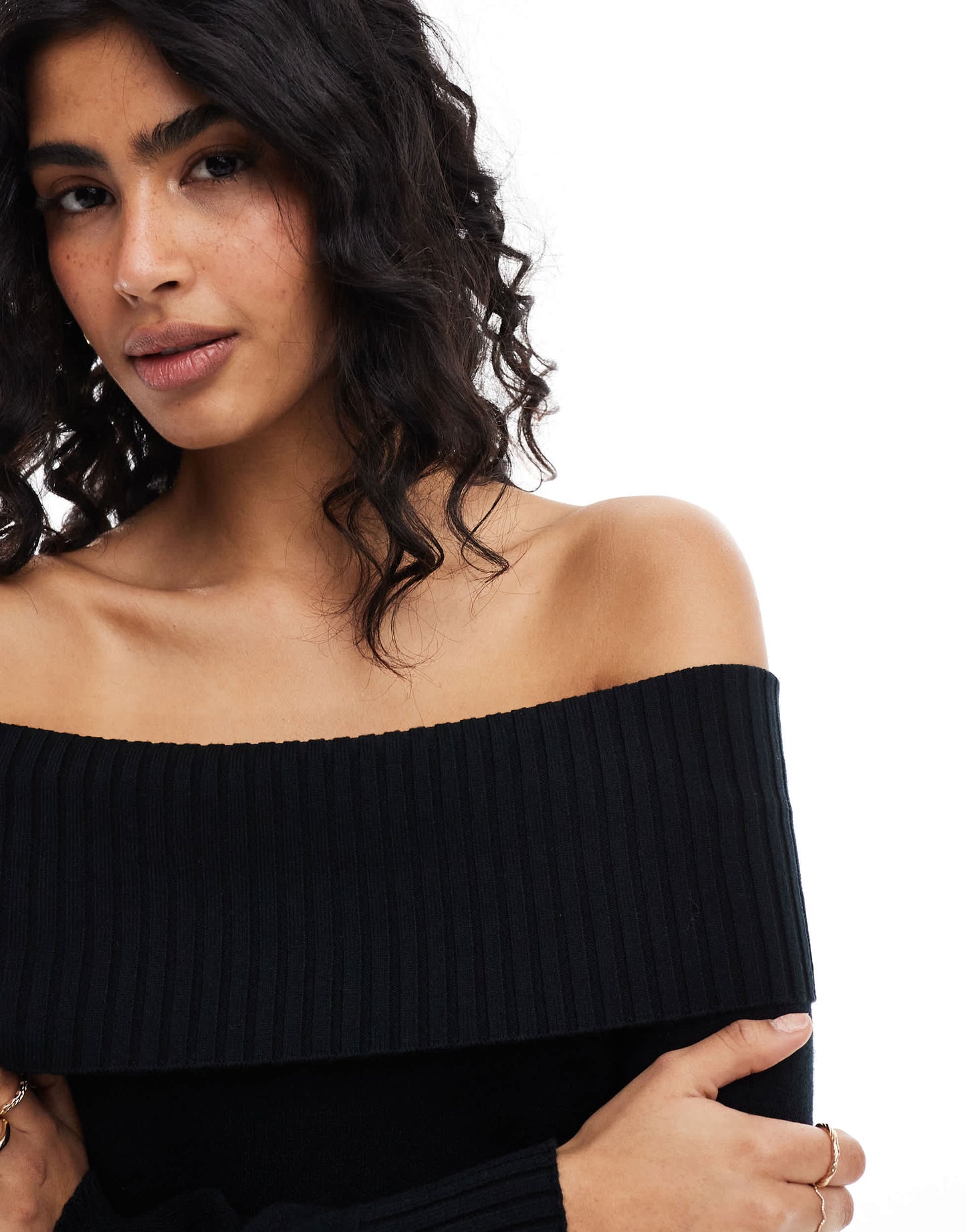Stradivarius off the shoulder knitted top in black