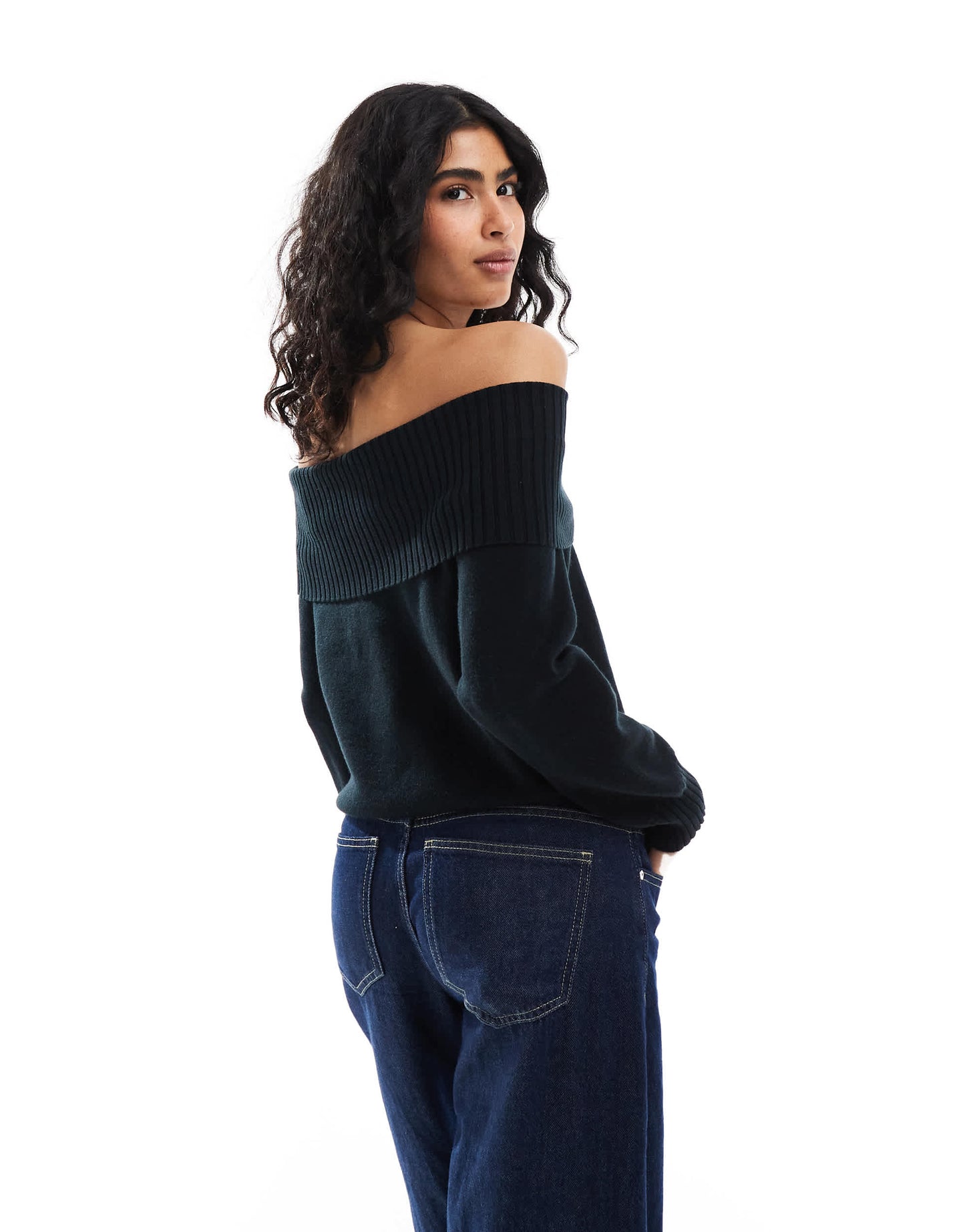 Stradivarius off the shoulder knitted top in black