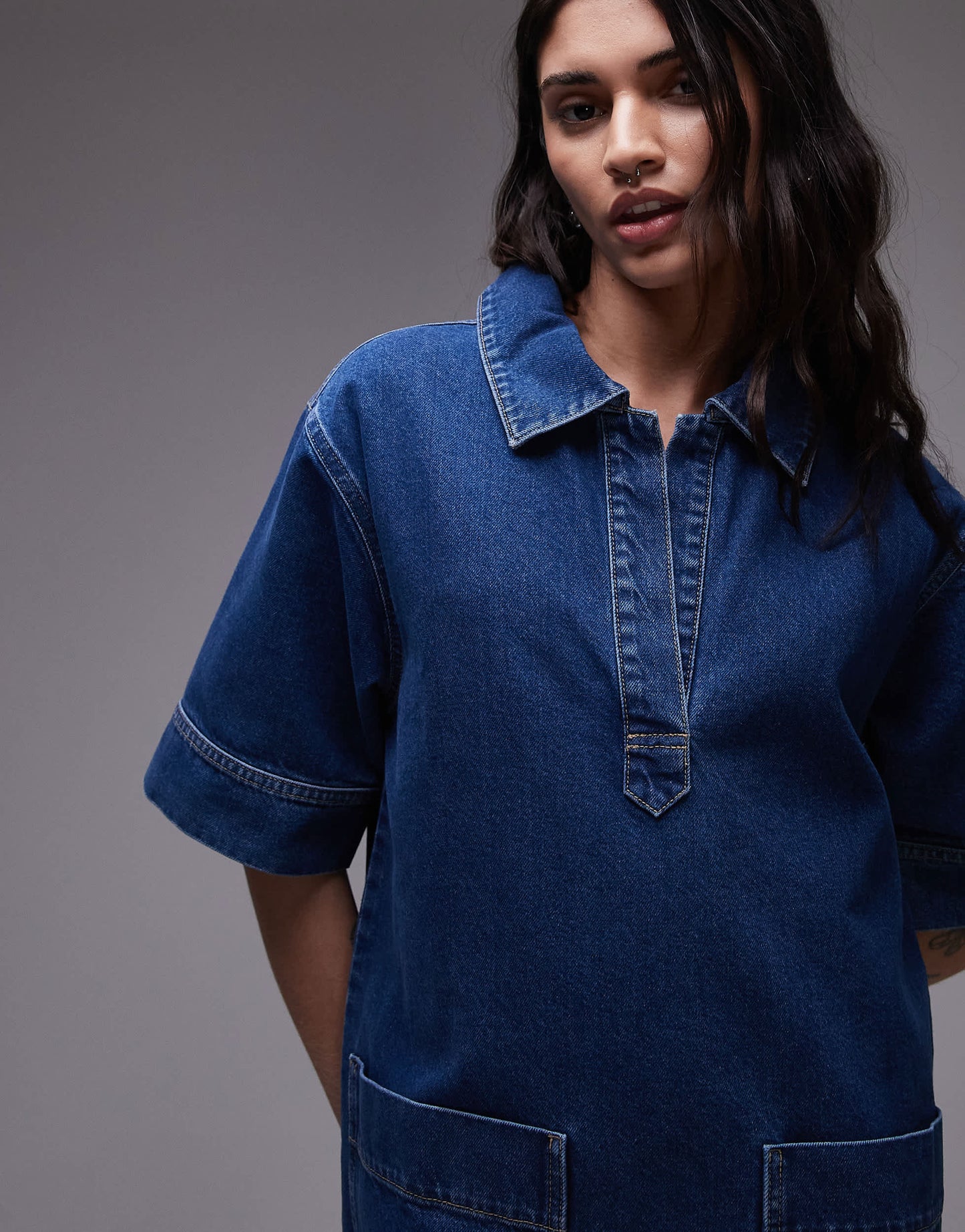 Topshop denim mini pullover short sleeved rugby dress mid blue