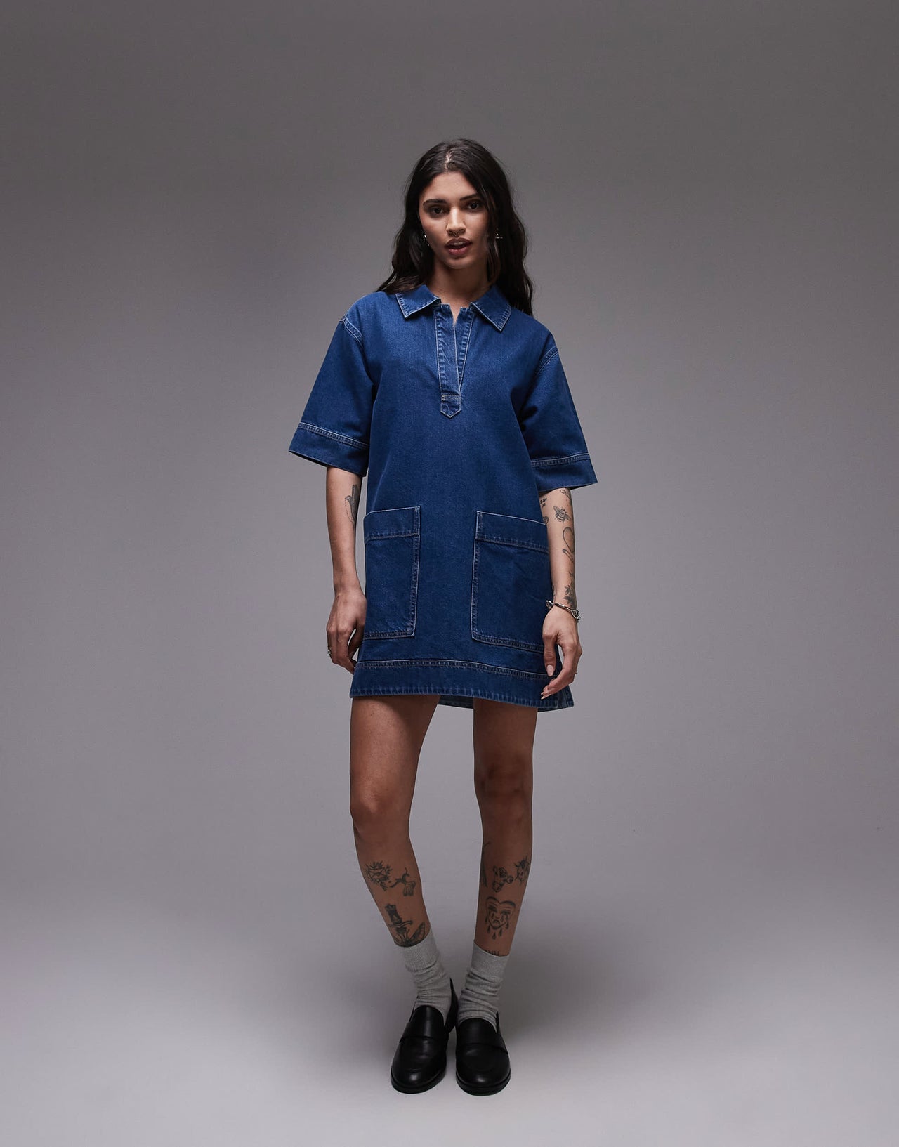 Topshop denim mini pullover short sleeved rugby dress mid blue