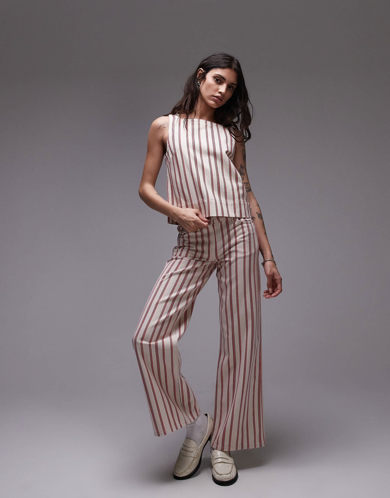Topshop denim square neck shell top in red stripe