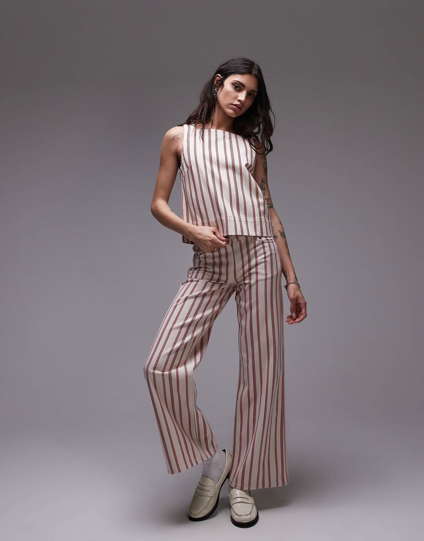 Topshop denim square neck shell top in red stripe
