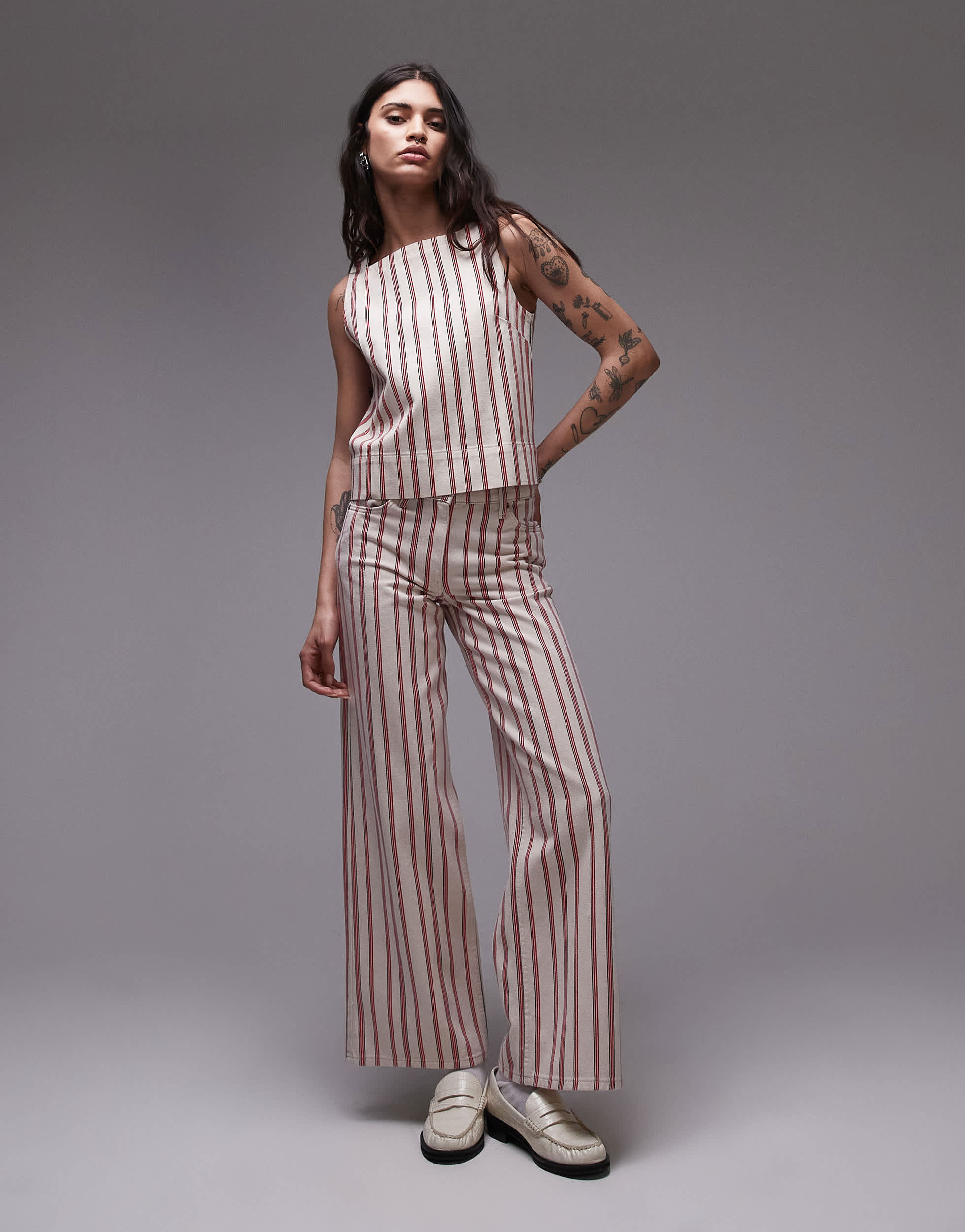 Topshop mid rise wide leg jean in red stripe