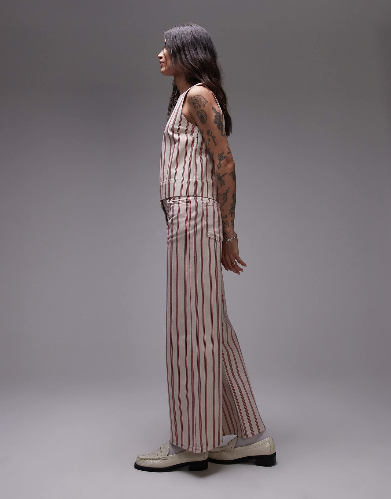 Topshop mid rise wide leg jean in red stripe