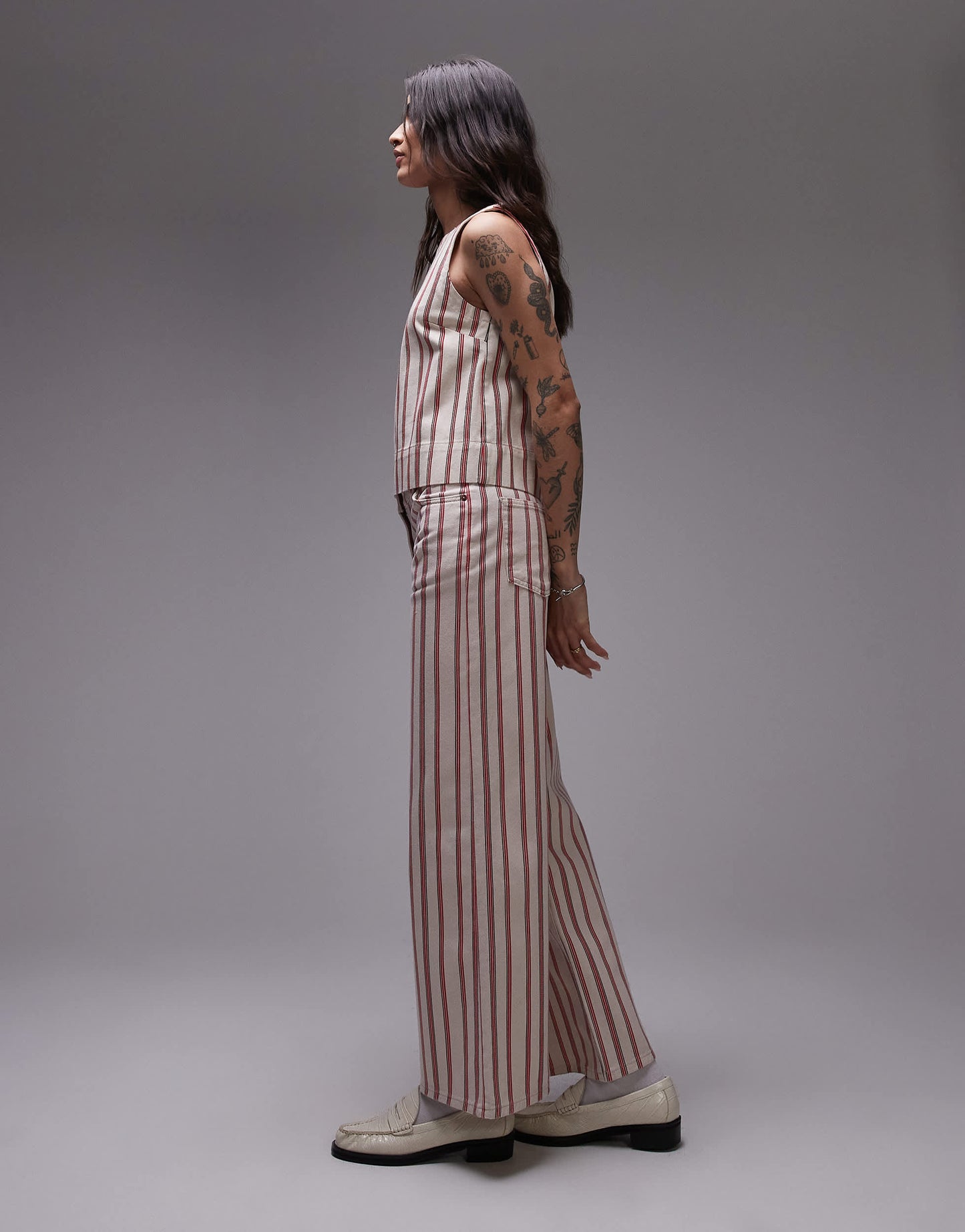 Topshop mid rise wide leg jean in red stripe