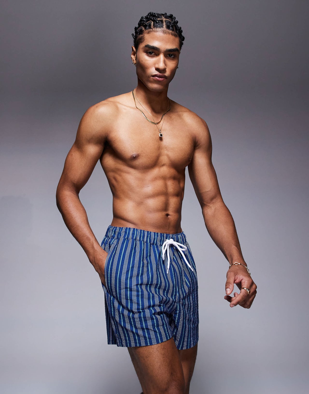 ASOS DESIGN swim shorts in short length with blue stripe