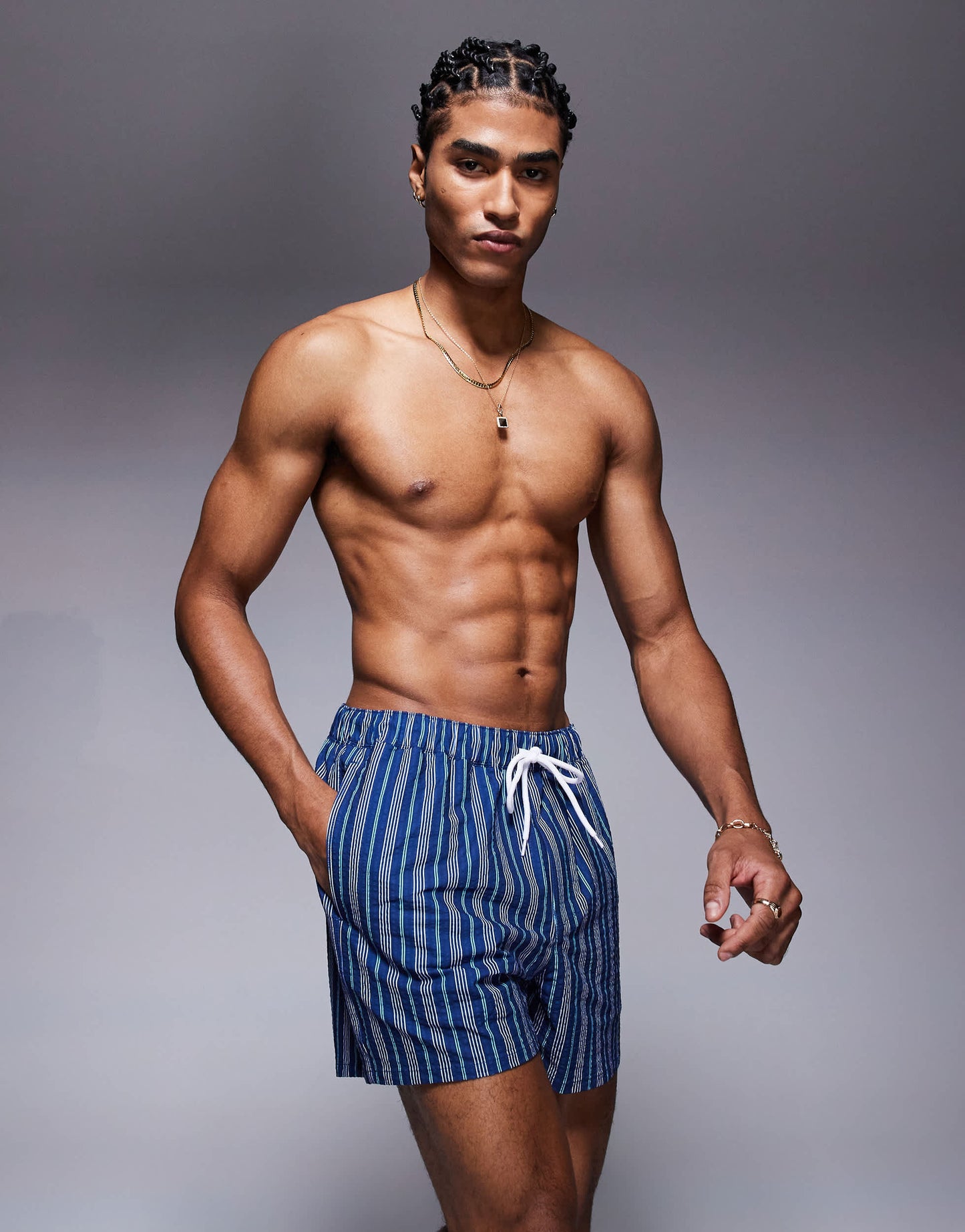 ASOS DESIGN swim shorts in short length with blue stripe