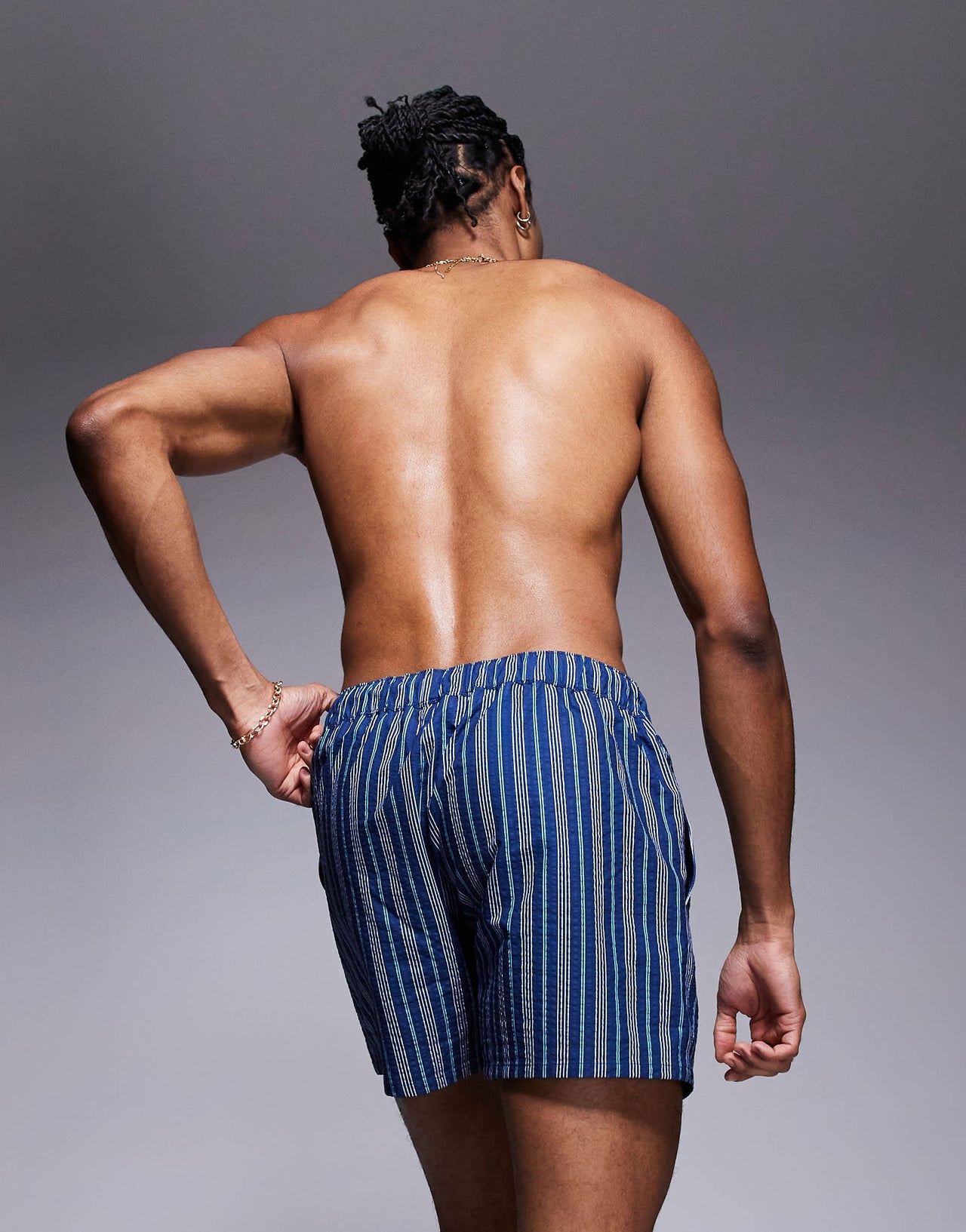 ASOS DESIGN swim shorts in short length with blue stripe