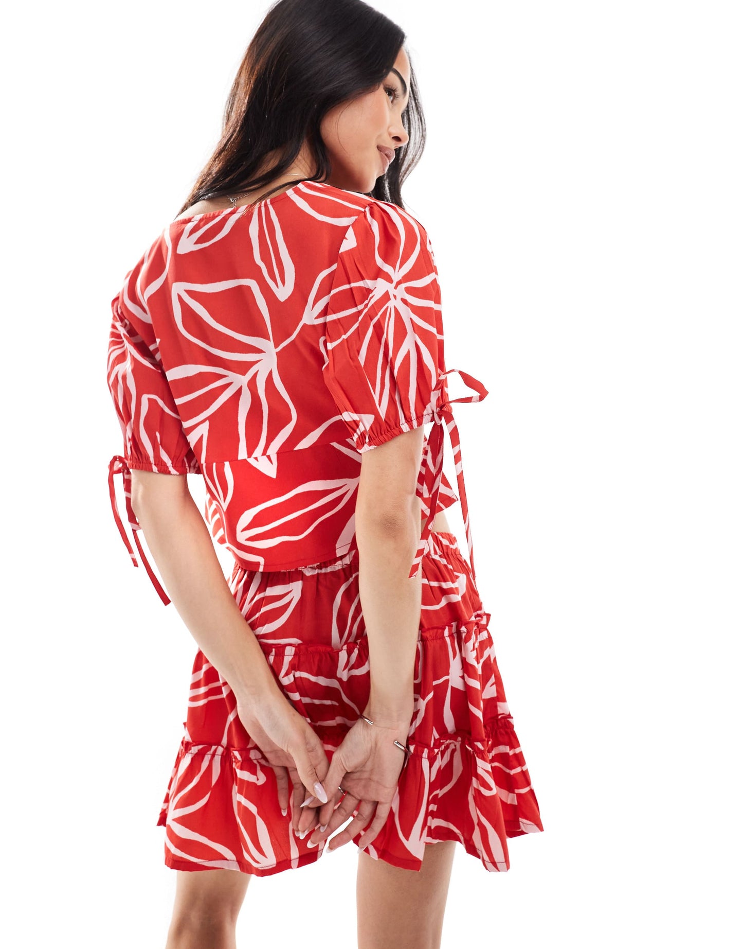 Wednesday's Girl bold bloom print cropped blouse co-ord in red