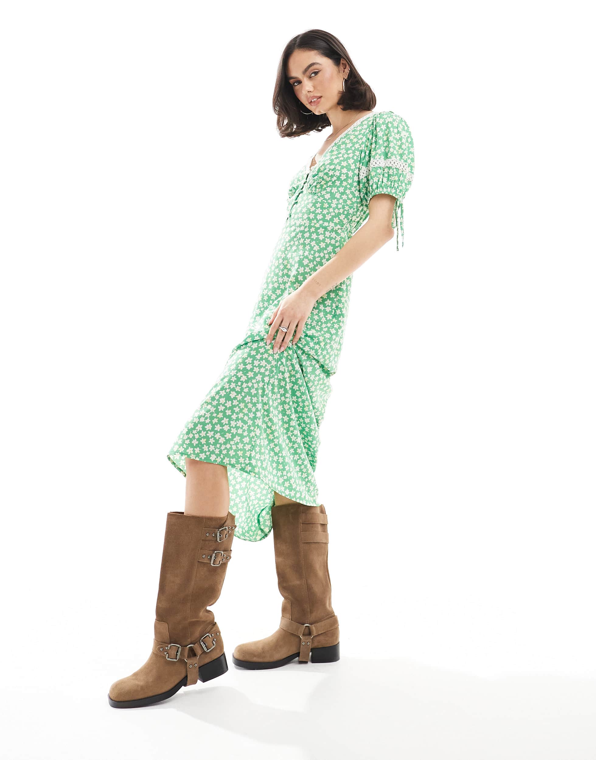 Wednesday's Girl ditsy print lace detail midaxi tea dress in green