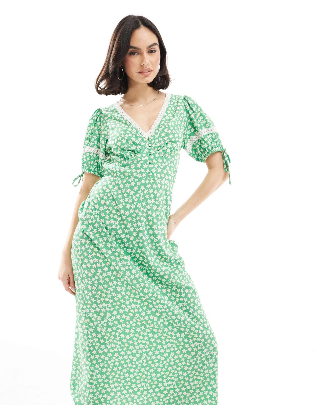 Wednesday's Girl ditsy print lace detail midaxi tea dress in green