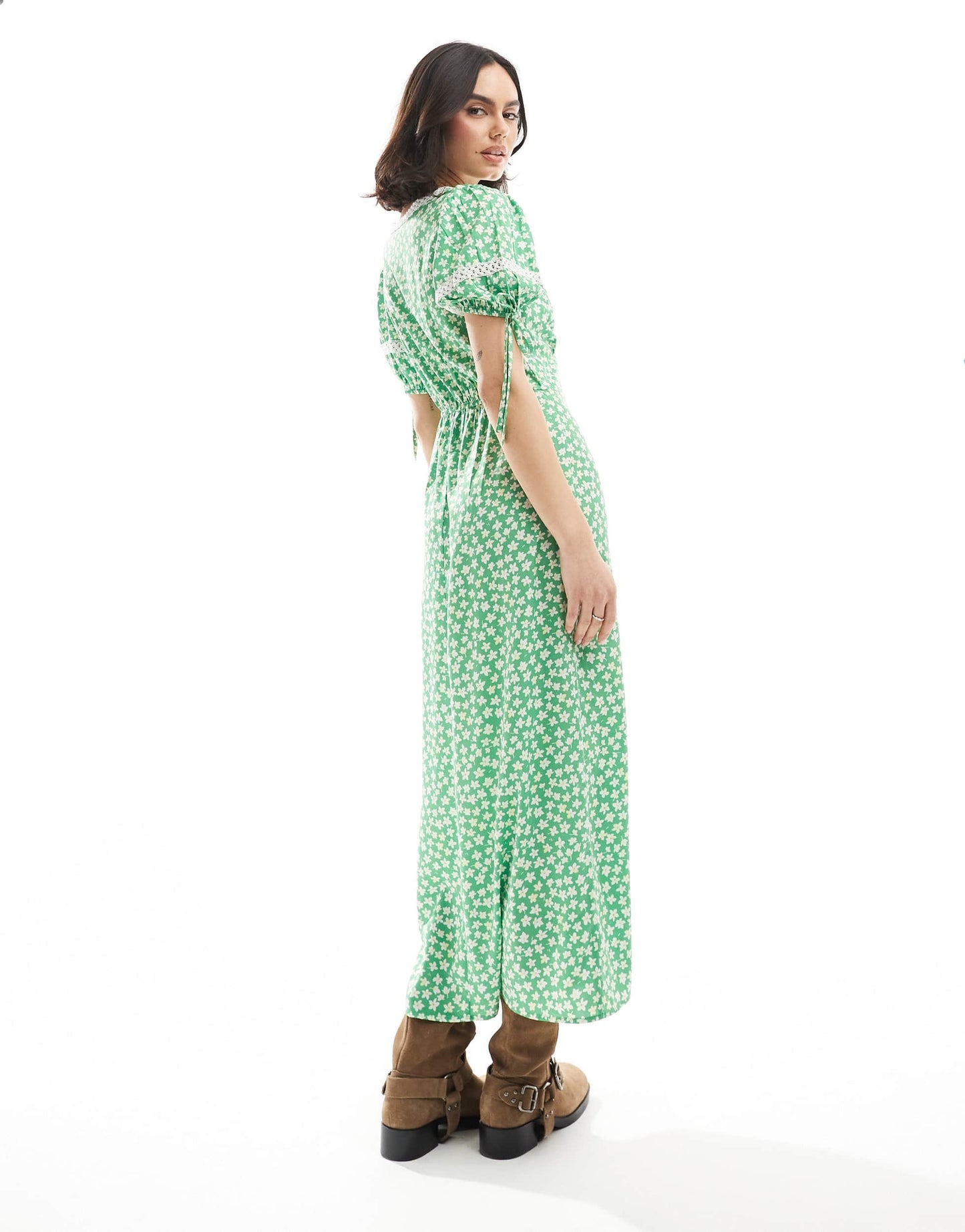Wednesday's Girl ditsy print lace detail midaxi tea dress in green
