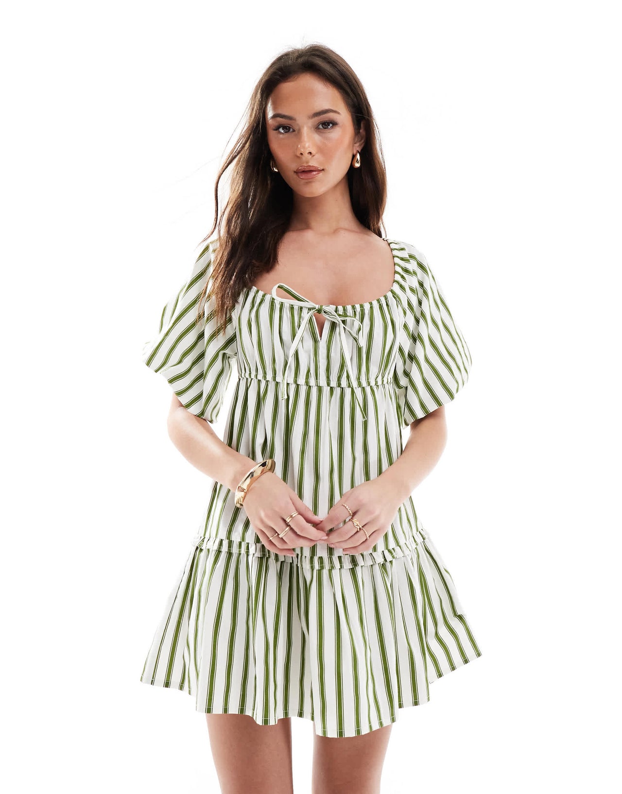 Wednesday's Girl striped mini smock dress in green and white