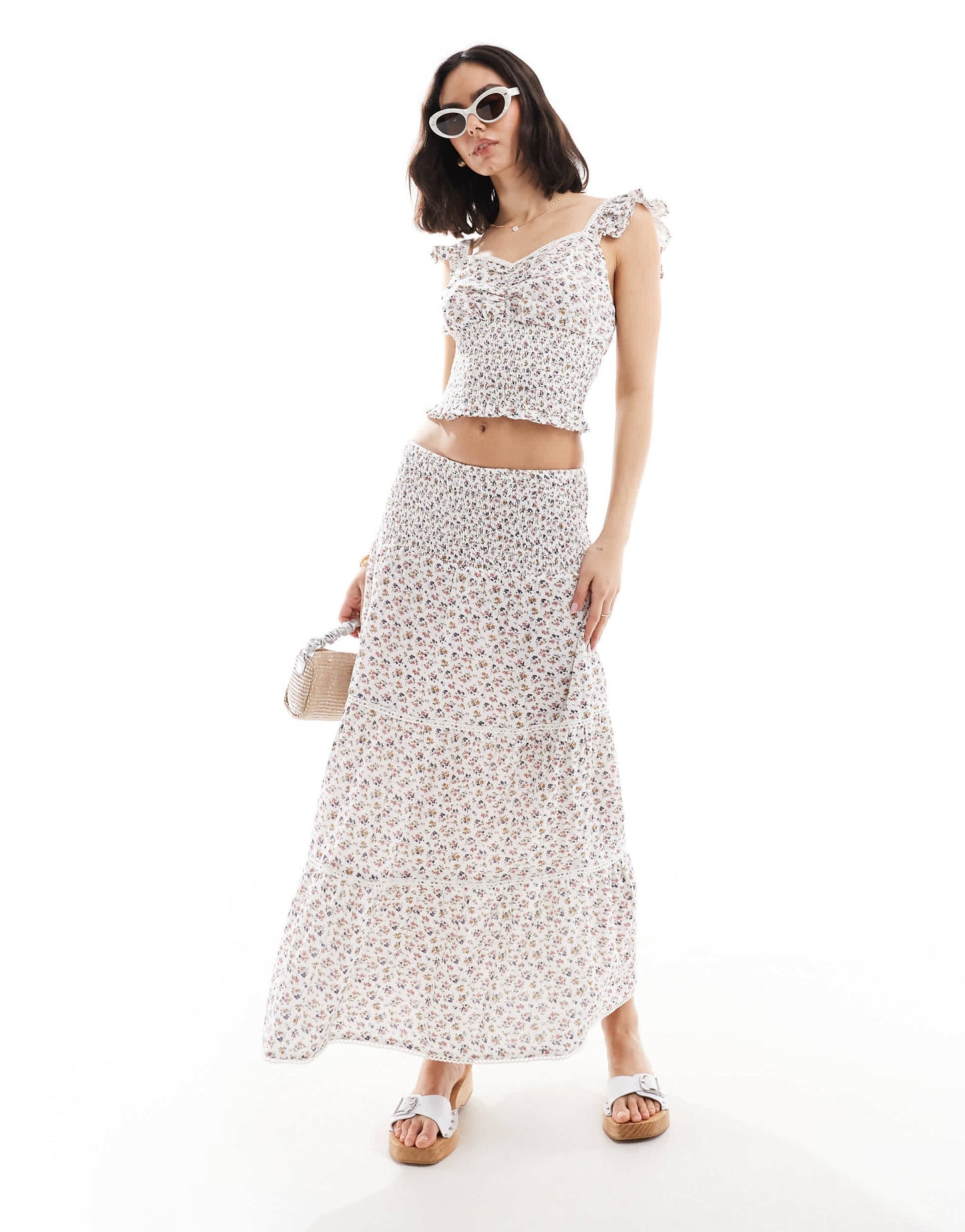 Wednesday's Girl chintzy floral shirred cami top in white