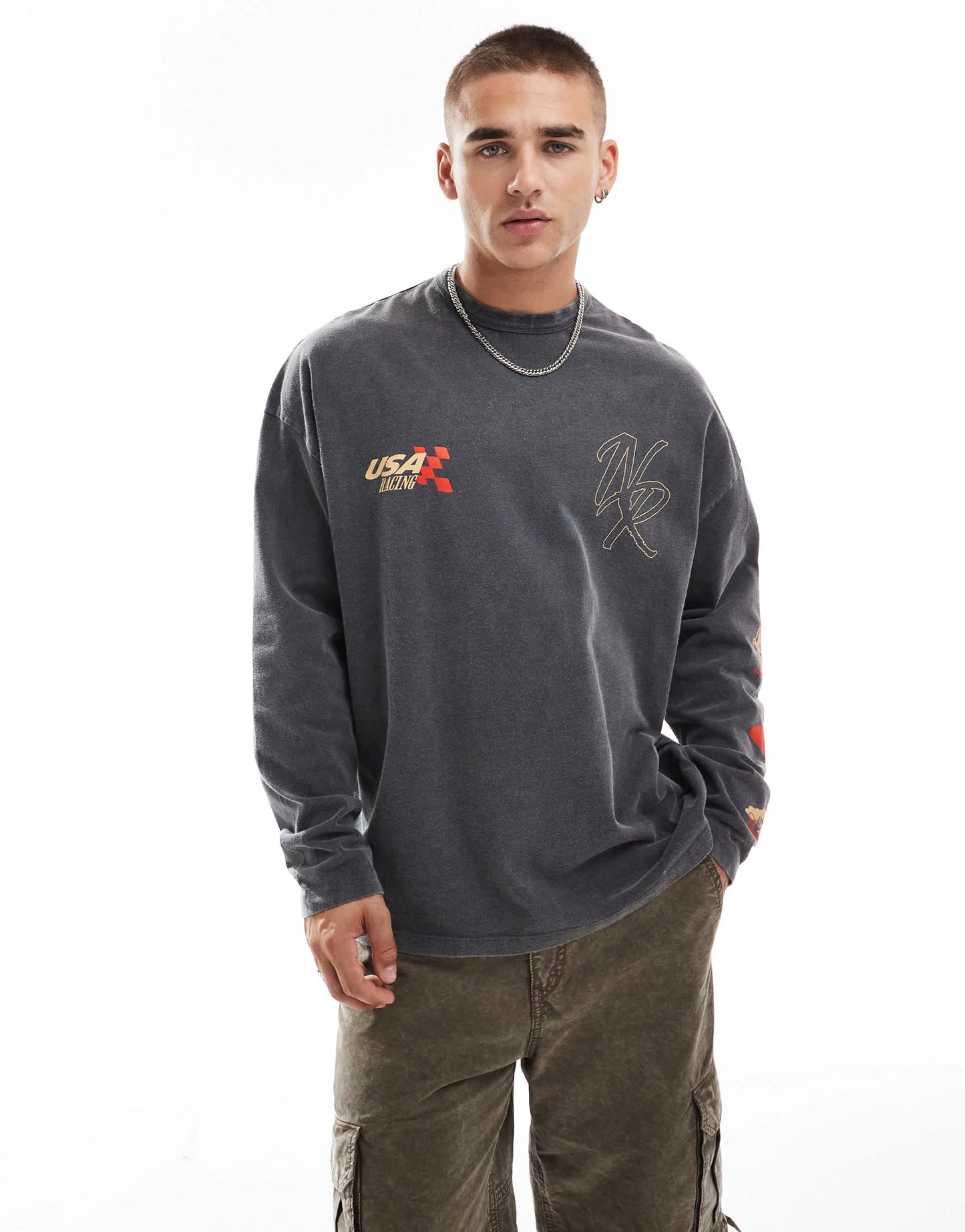 ASOS DESIGN oversized long sleeve t-shirt with racing chest and back print in washed black
