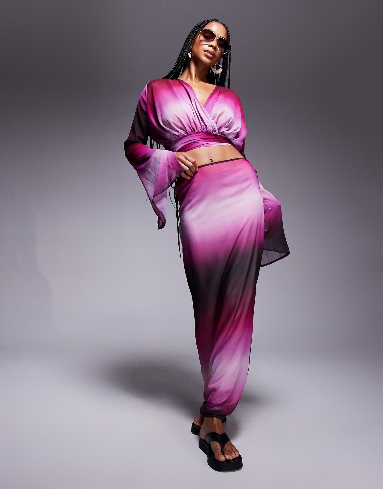 Aria Cove chiffon maxi tie side beach skirt co-ord in purple ombre