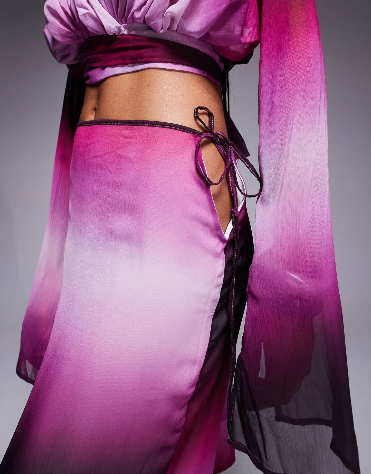 Aria Cove chiffon maxi tie side beach skirt co-ord in purple ombre