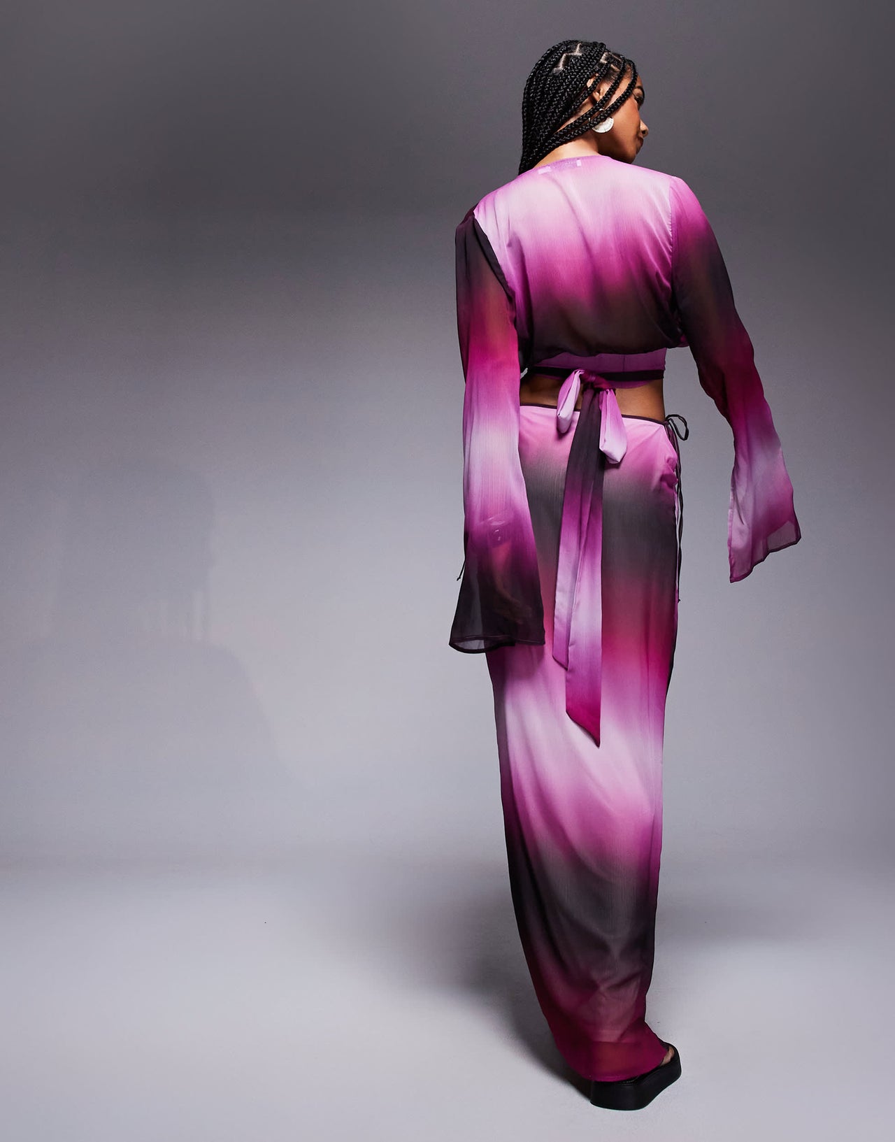 Aria Cove chiffon maxi tie side beach skirt co-ord in purple ombre
