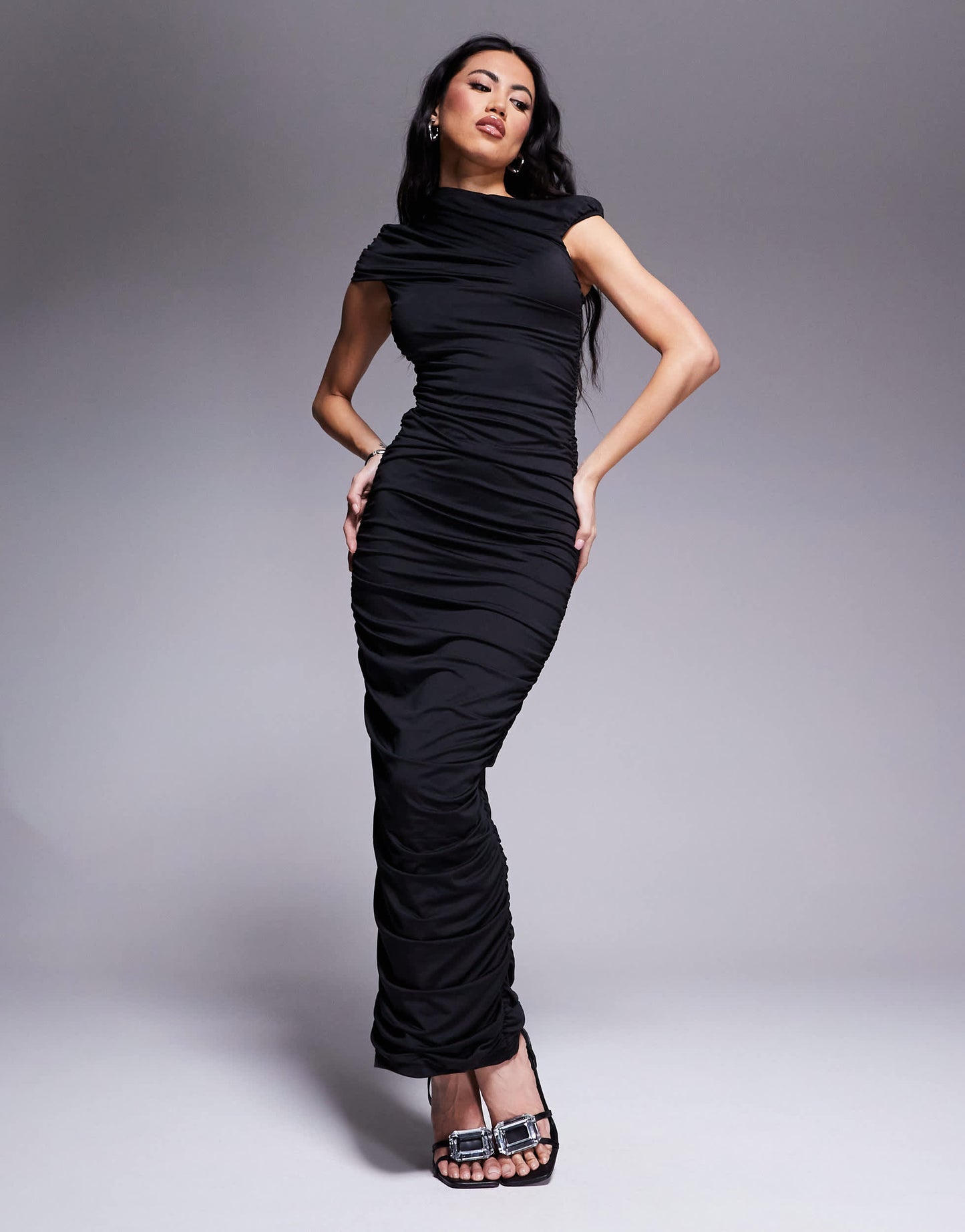 Aria Cove double layered slinky ruched off shoulder maxi dress in black