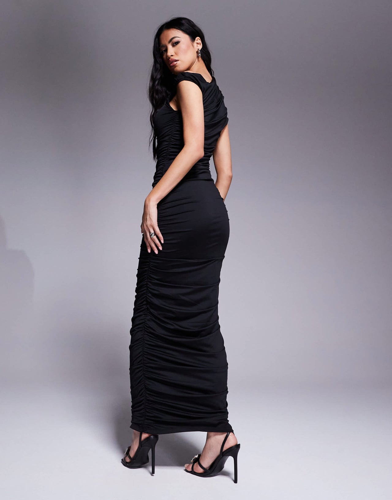 Aria Cove double layered slinky ruched off shoulder maxi dress in black