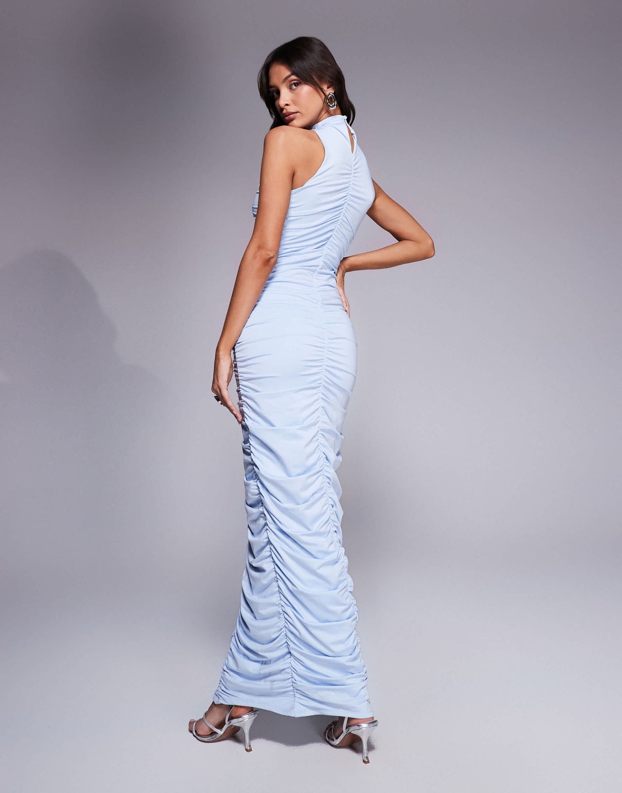 Aria Cove double layered slinky ruched high neck bodycon maxi dress in baby blue