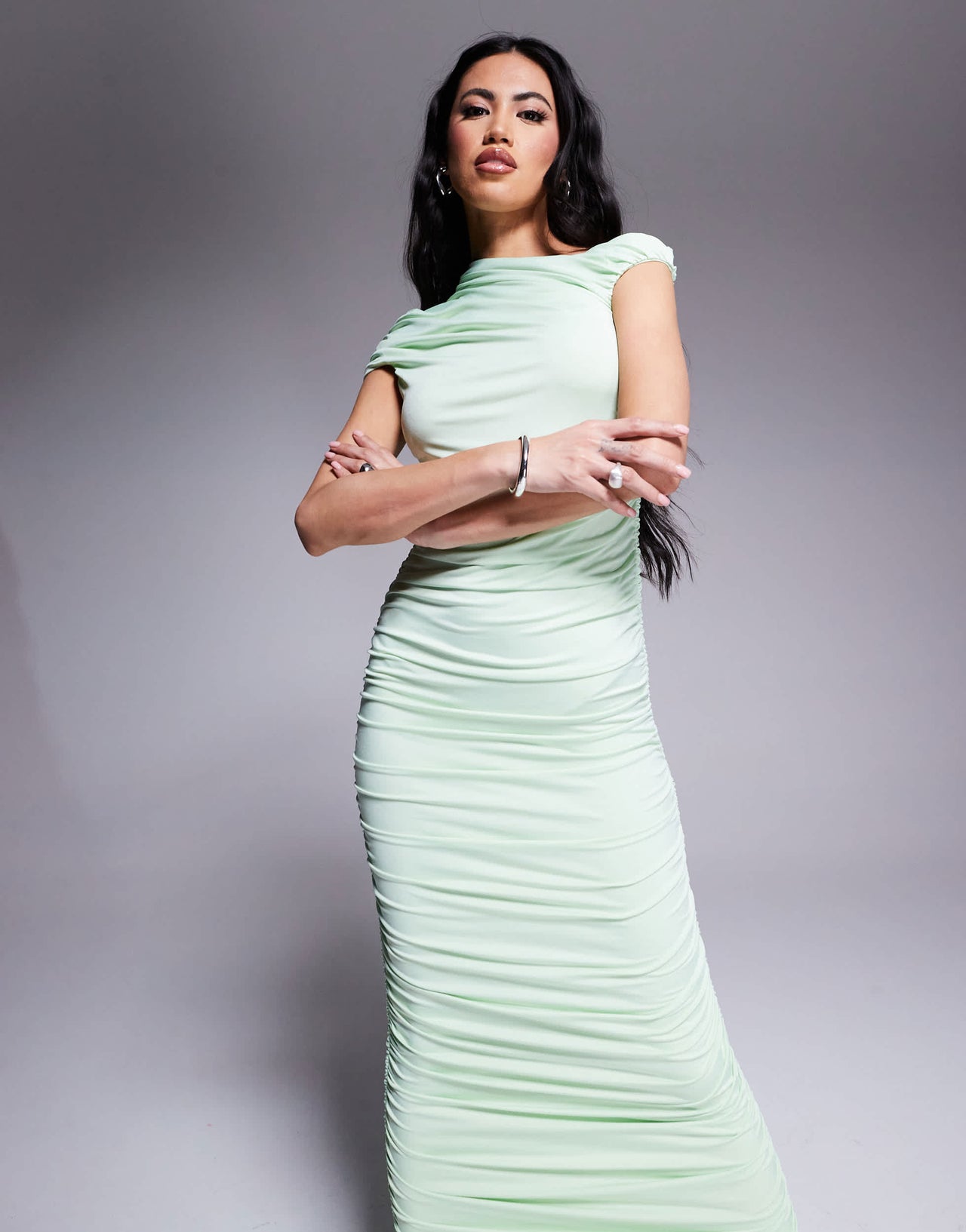 Aria Cove double layered slinky ruched off shoulder maxi dress in pistachio