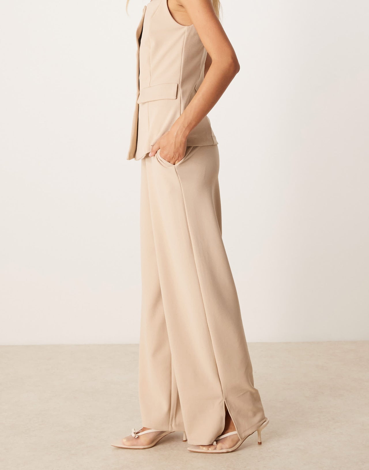 Vila high waist tailored trouser co-ord in stone