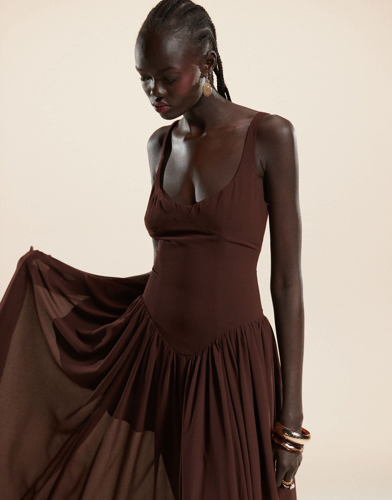 Ever New drop hem pleated midaxi dress in chocolate brown