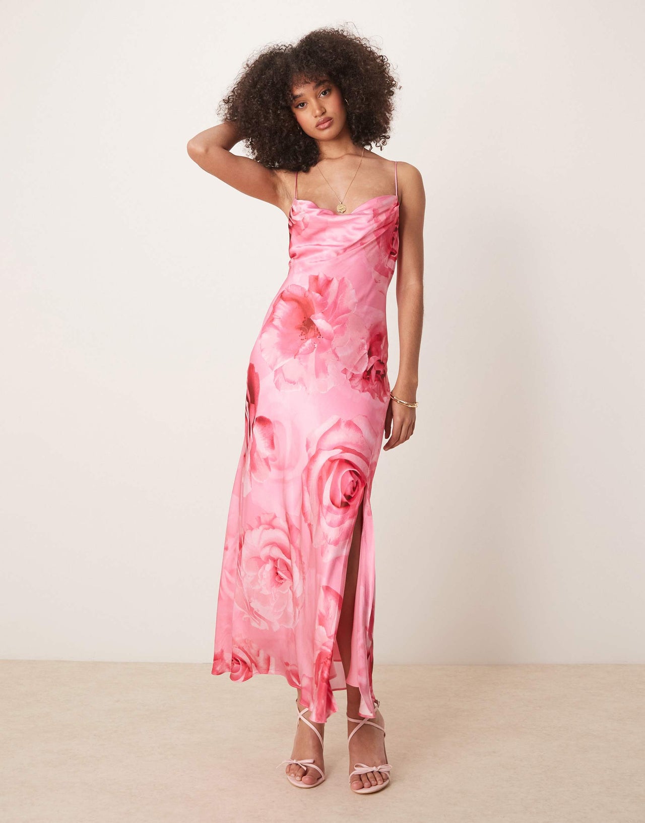 Ever New oversized rose print satin slip maxi dress in bright pink