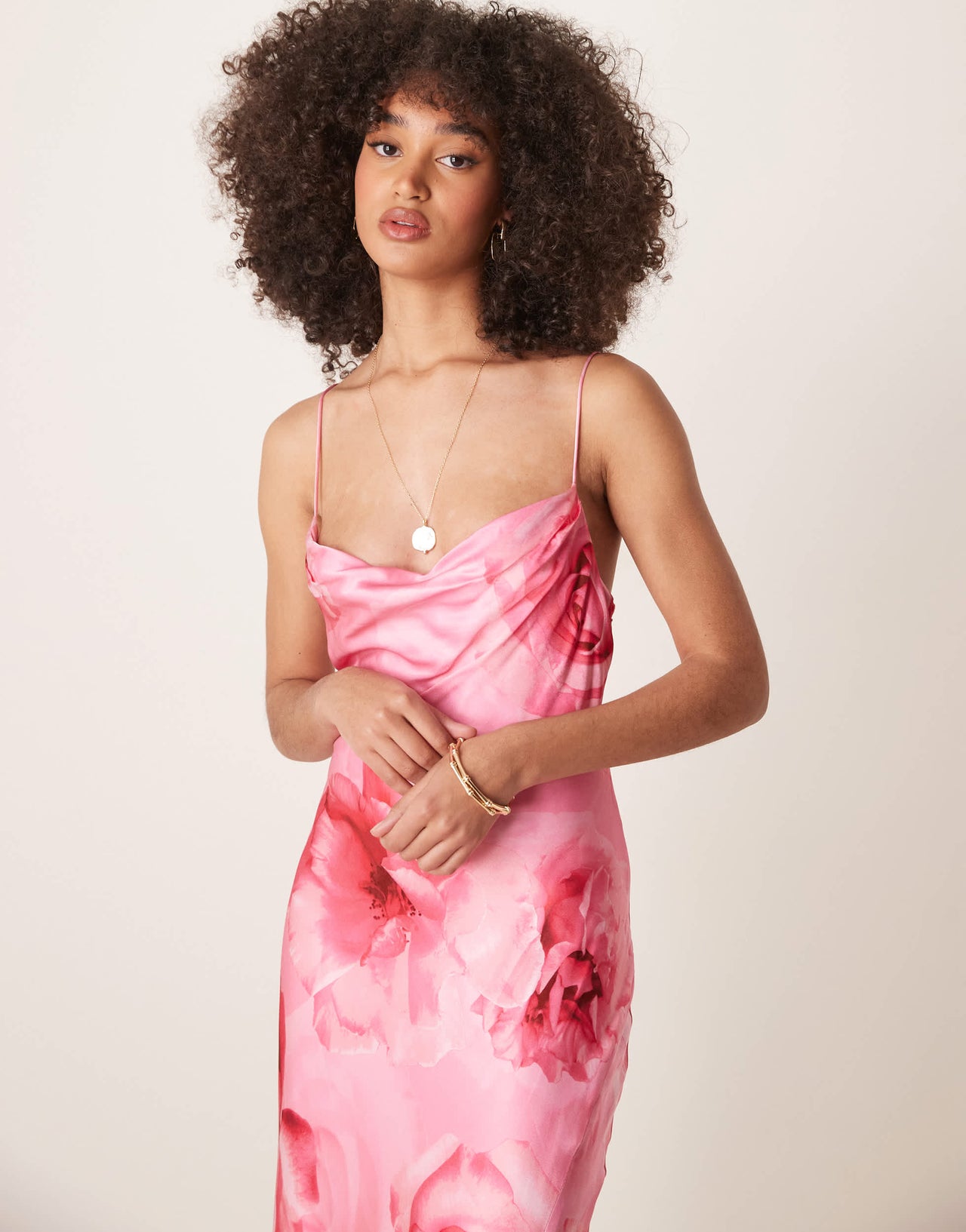 Ever New oversized rose print satin slip maxi dress in bright pink
