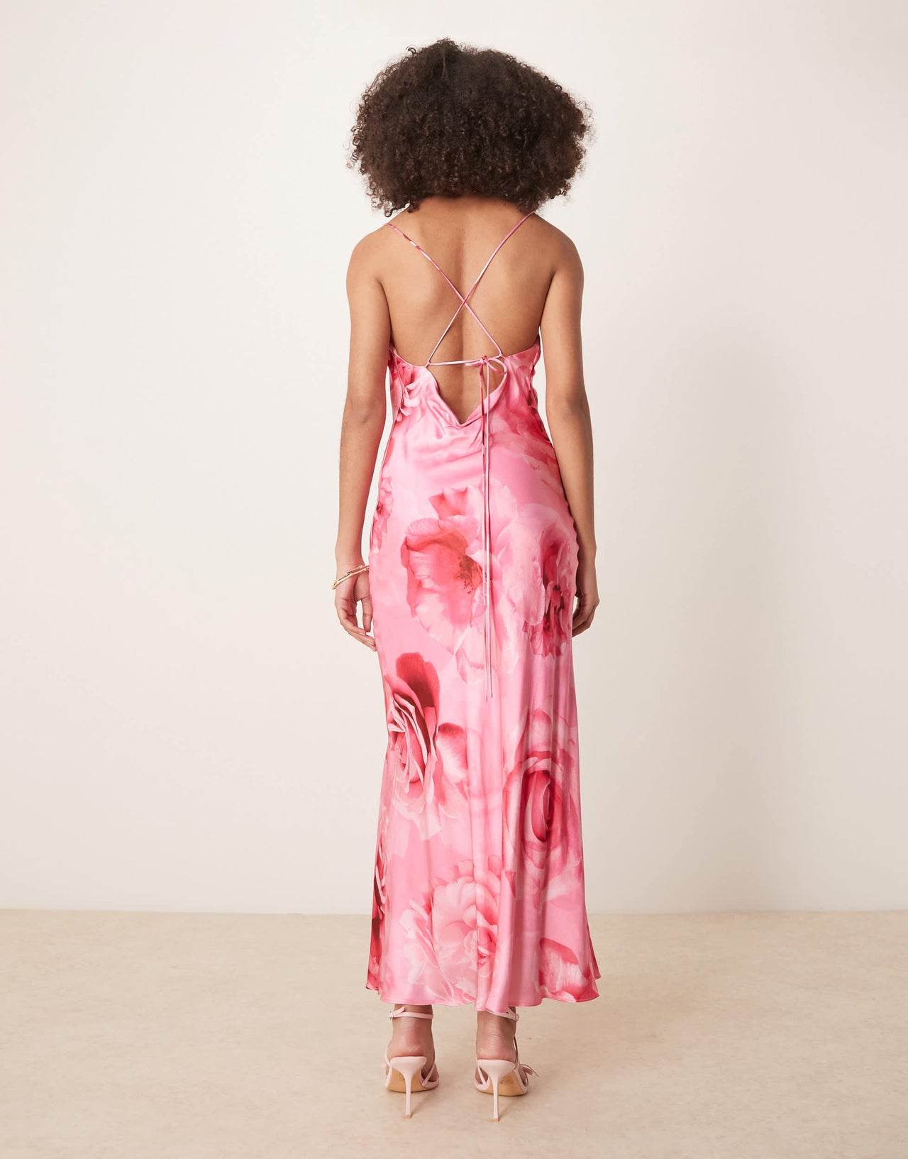 Ever New oversized rose print satin slip maxi dress in bright pink