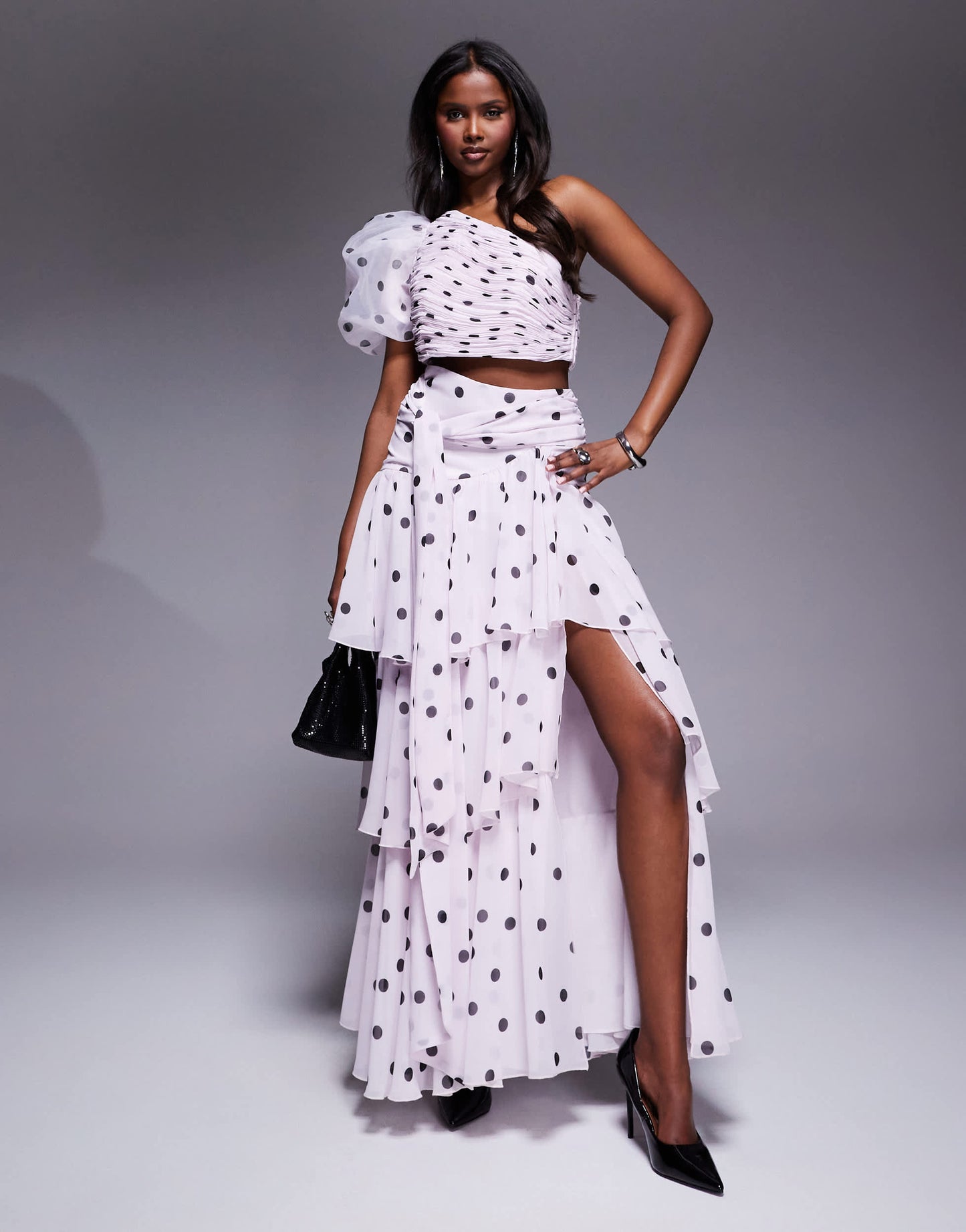 ASOS LUXE co-ord organza one shoulder blouson sleeve top in polka dot print