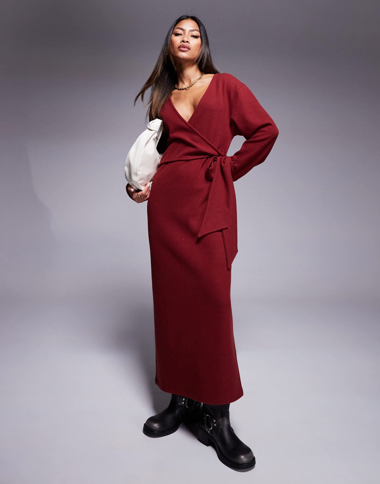 ASOS DESIGN supersoft plunge tie front midi dress in burgundy