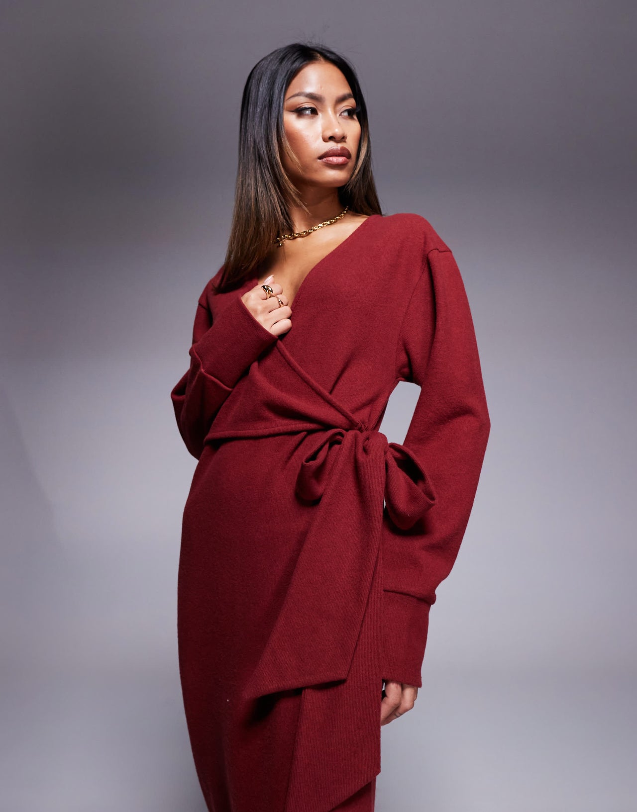 ASOS DESIGN supersoft plunge tie front midi dress in burgundy