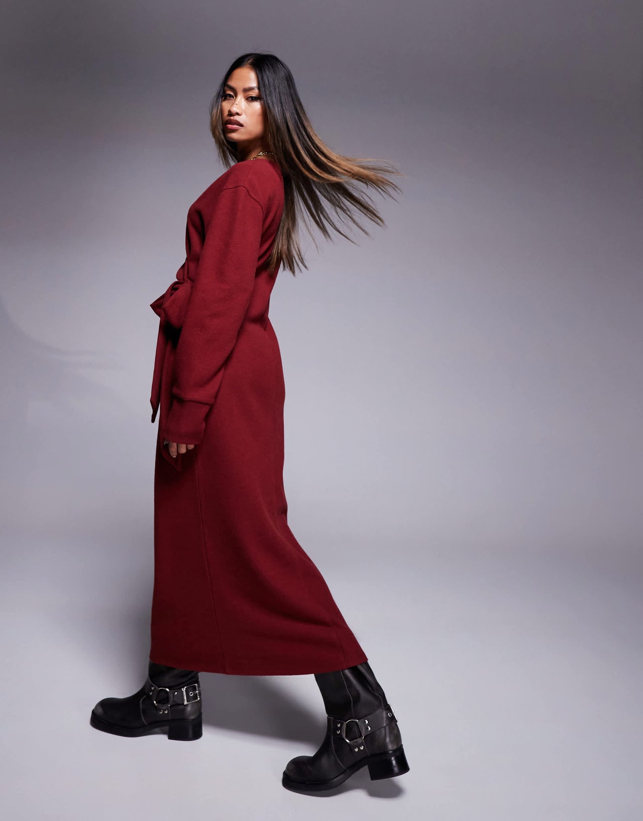 ASOS DESIGN supersoft plunge tie front midi dress in burgundy