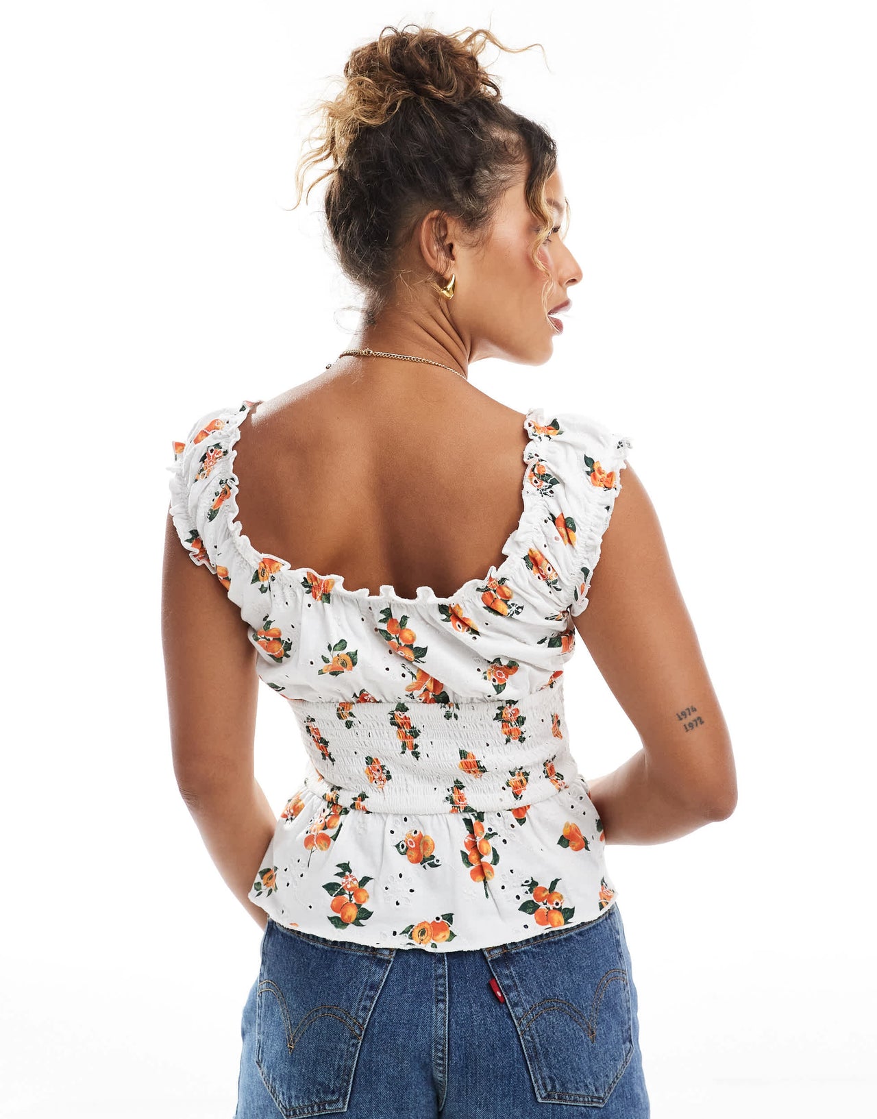 ASOS Design broderie button through milkmaid top in orange print