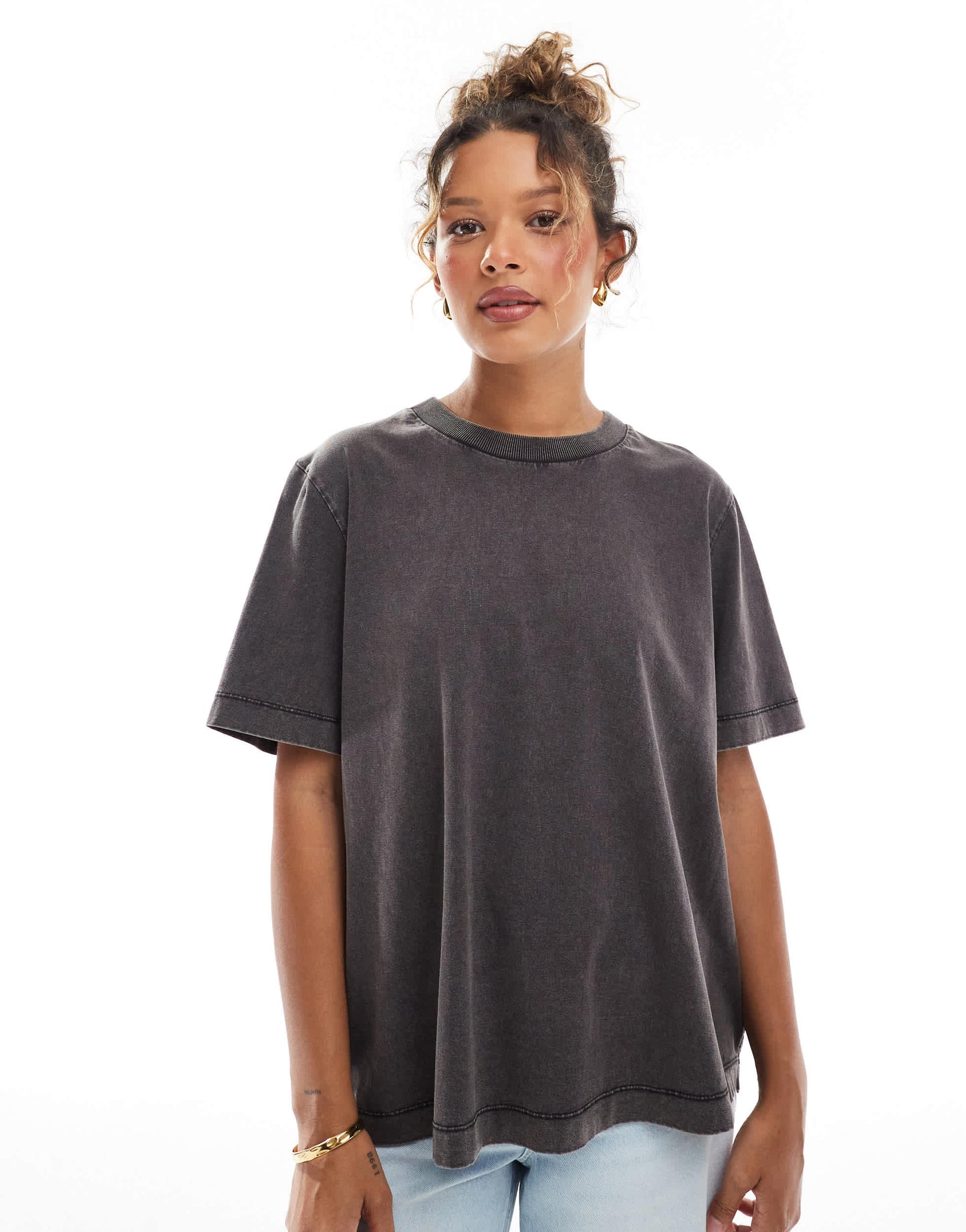 ASOS DESIGN oversized t-shirt with broderie back detail in washed charcoal