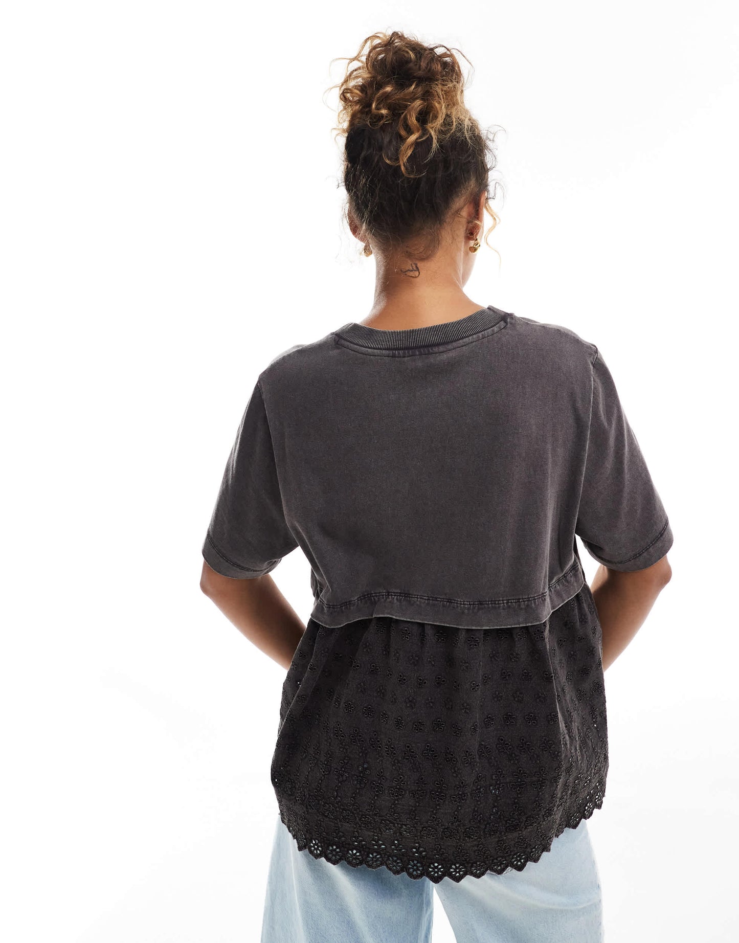 ASOS DESIGN oversized t-shirt with broderie back detail in washed charcoal