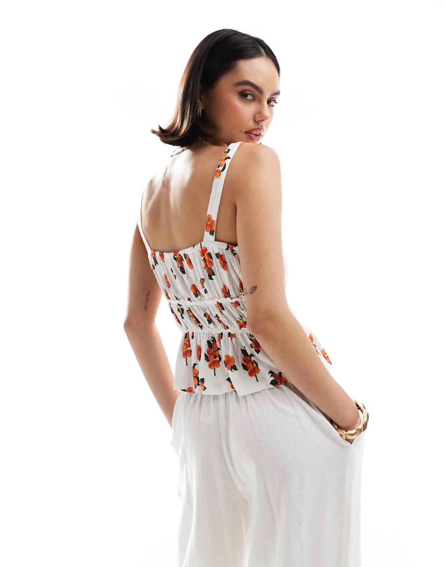ASOS DESIGN milkmaid top in gingham with ricrac trims in orange print