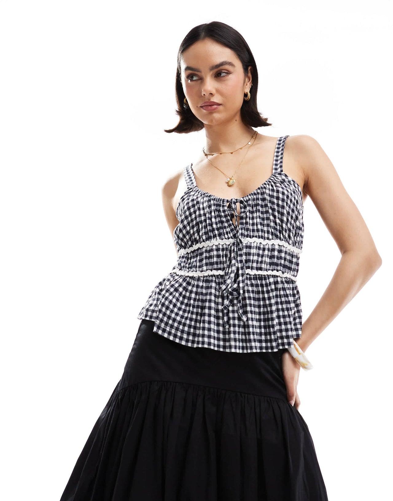 ASOS DESIGN milkmaid top in gingham with ricrac trims in navy gingham