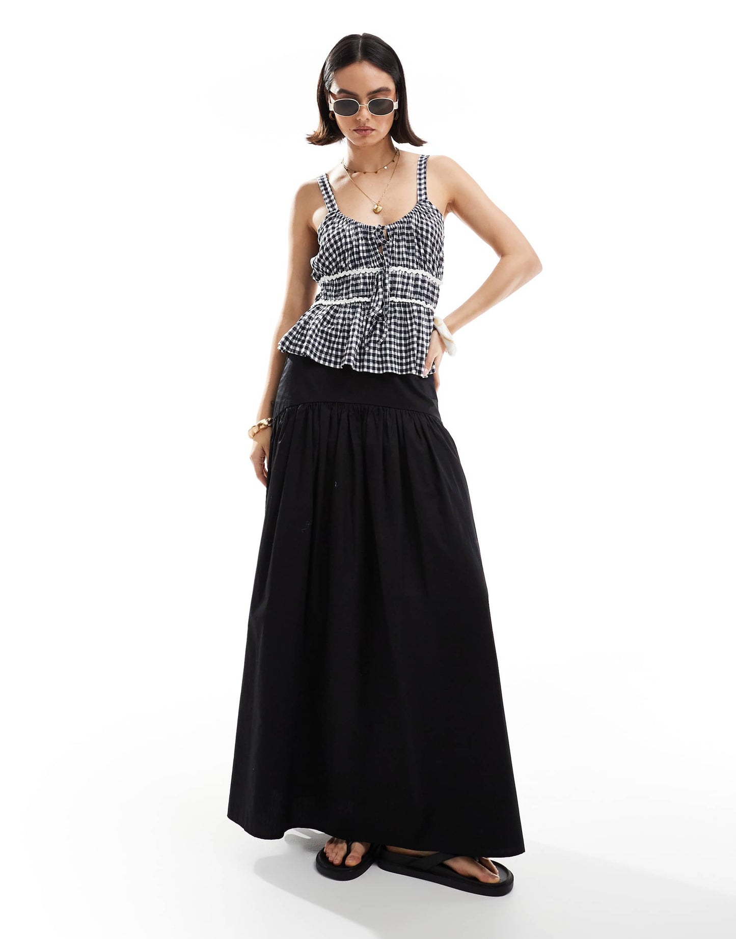 ASOS DESIGN milkmaid top in gingham with ricrac trims in navy gingham