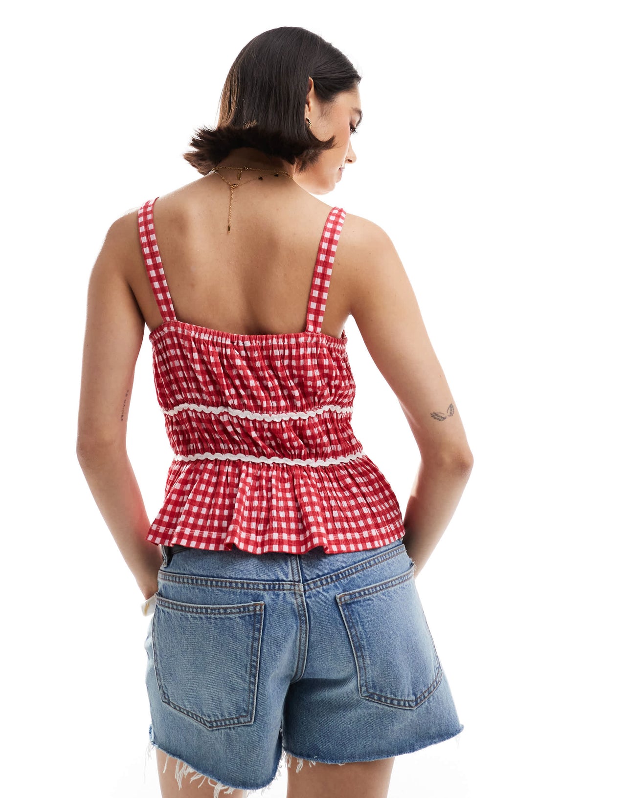 ASOS DESIGN milkmaid top in gingham with ricrac trims in red