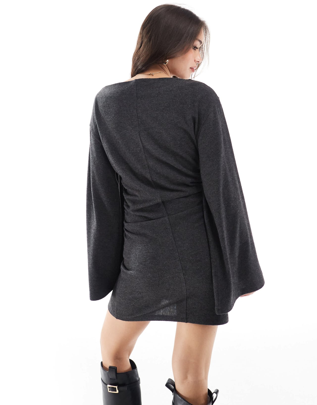 ASOS DESIGN supersoft slash neck mini dress in charcoal