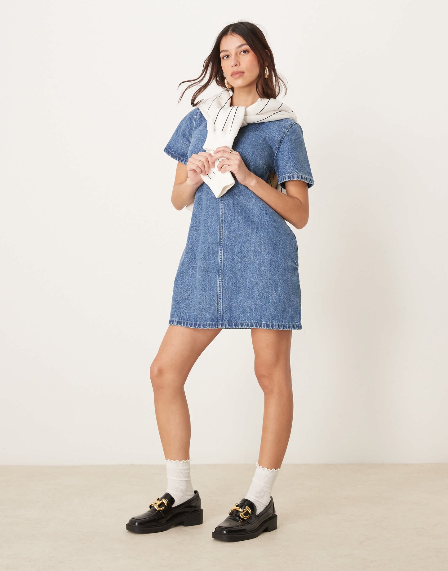 Abercrombie & Fitch short sleeve crew neck denim mini dress in medium wash blue