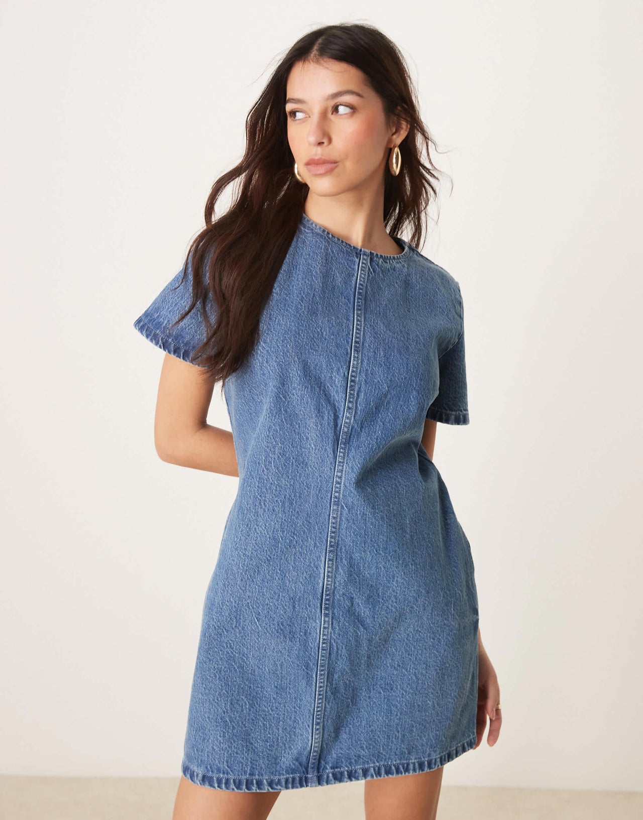 Abercrombie & Fitch short sleeve crew neck denim mini dress in medium wash blue