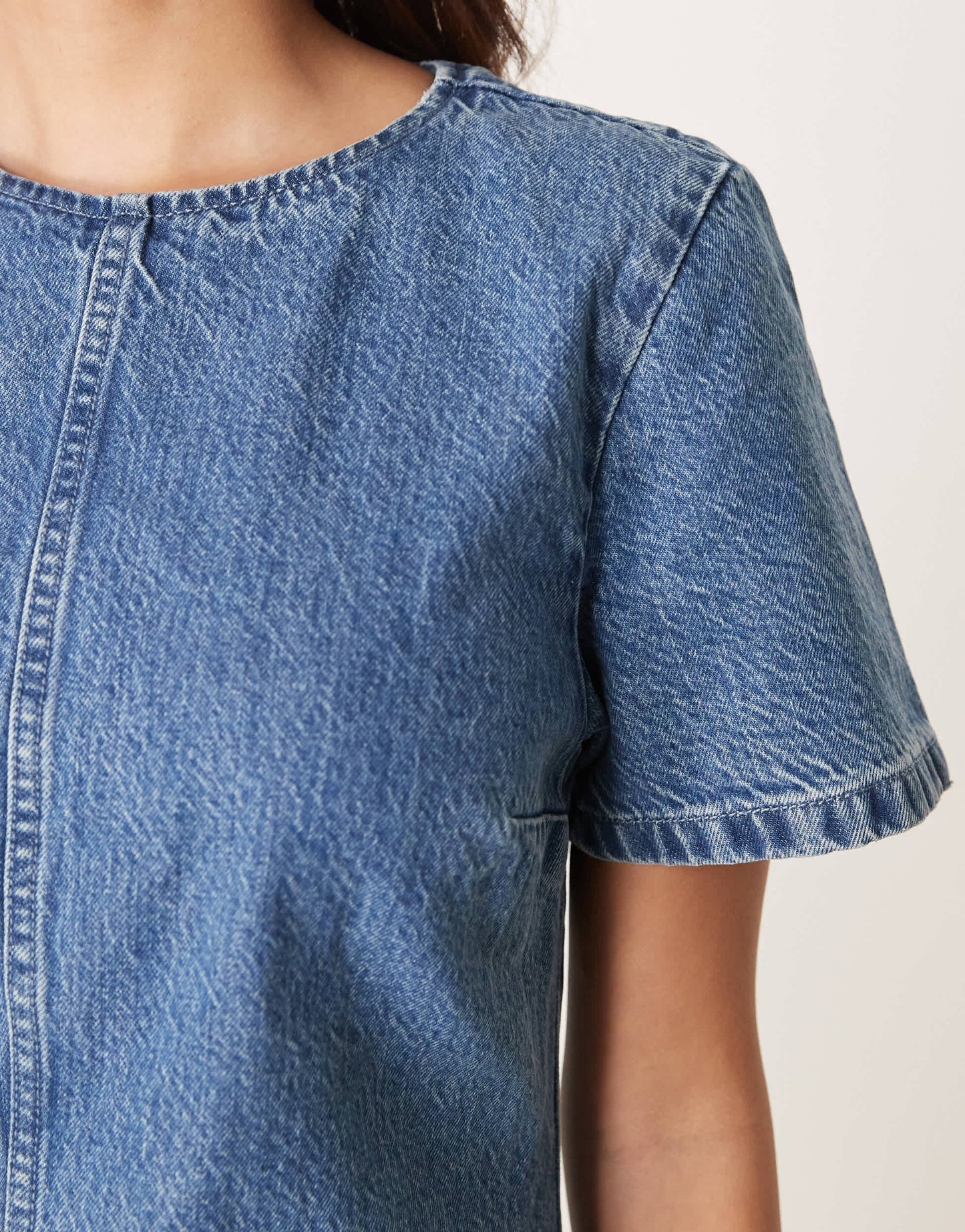Abercrombie & Fitch short sleeve crew neck denim mini dress in medium wash blue
