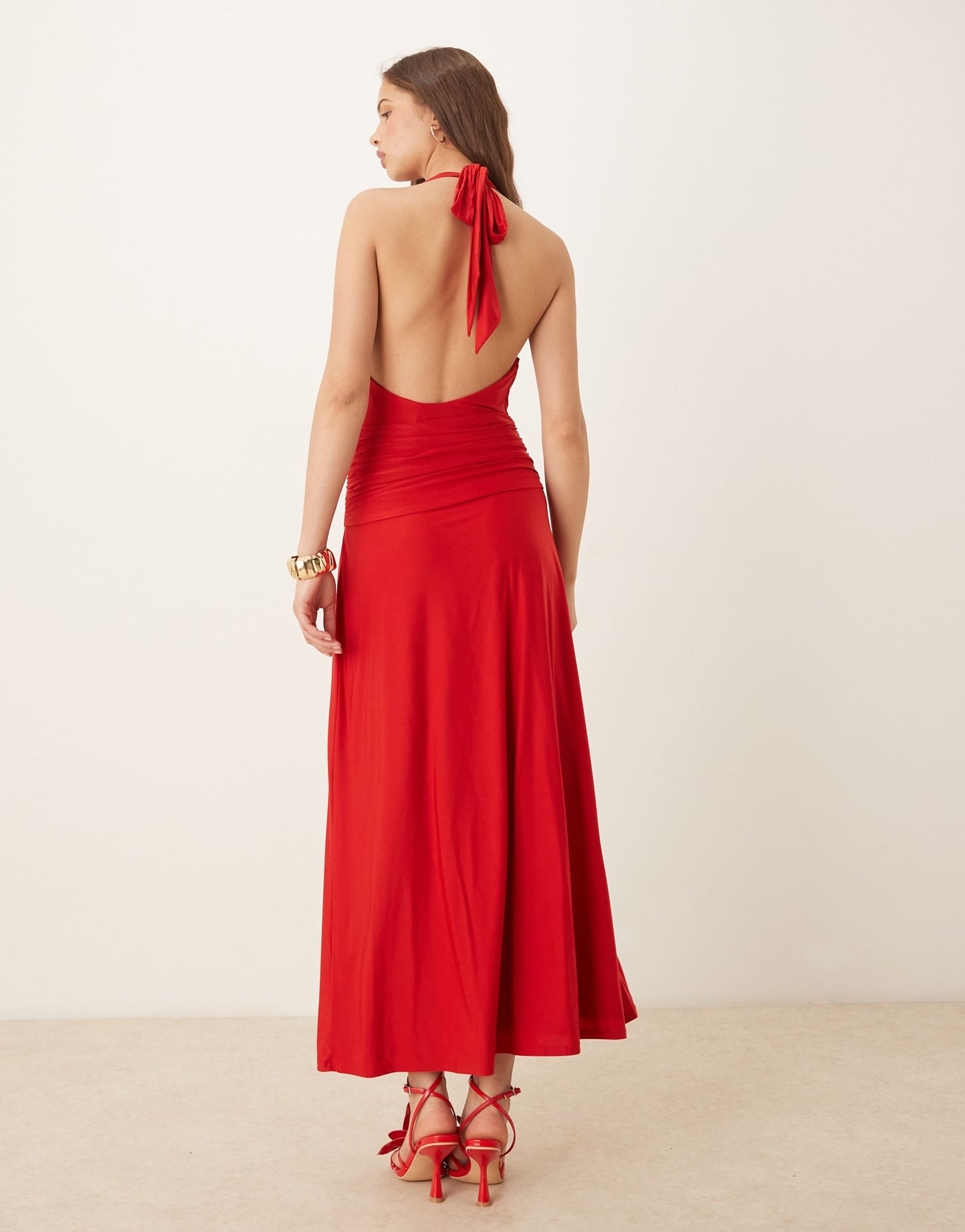 Abercrombie & Fitch halter neck elevated jersey knot front maxi dress in red