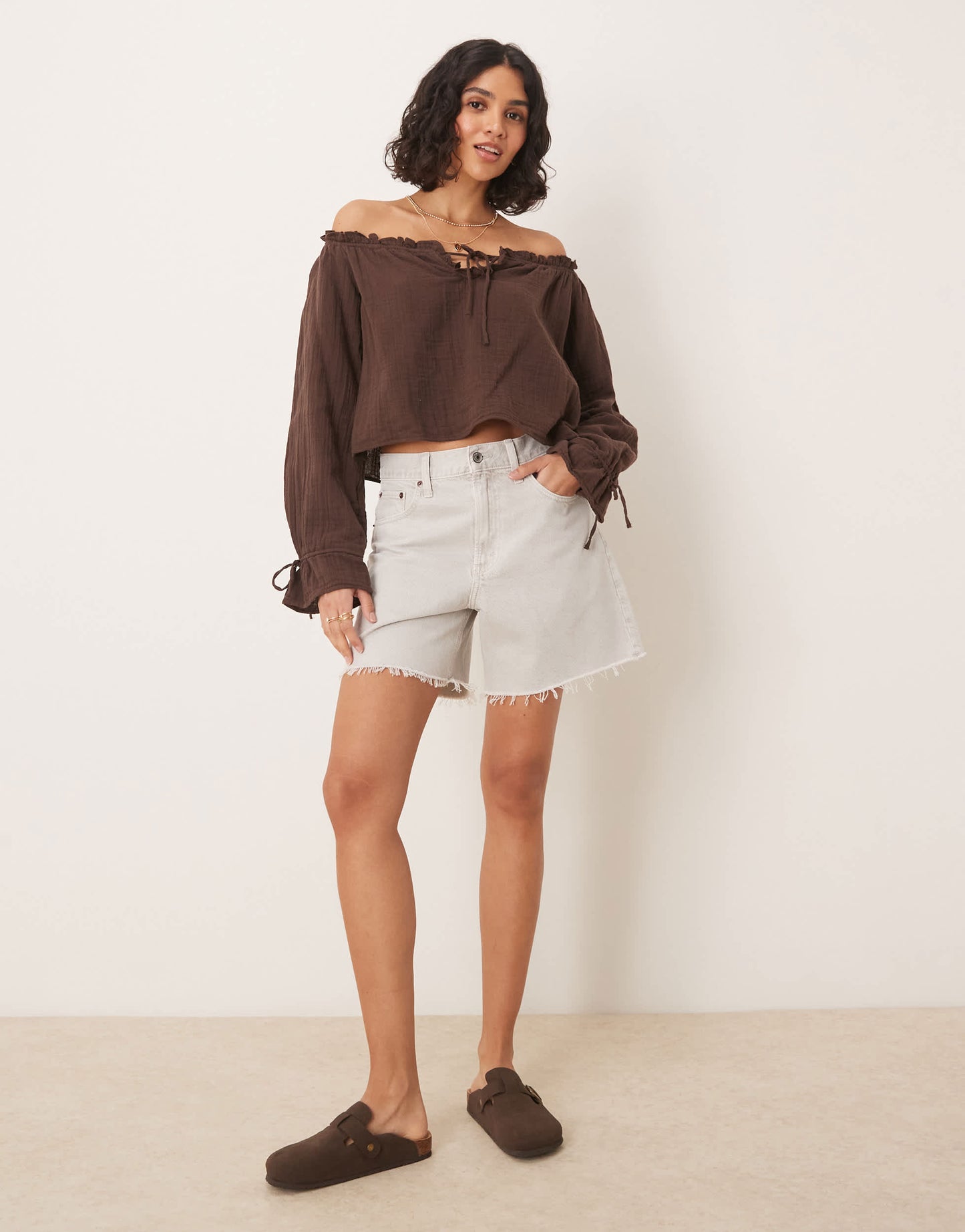 Abercrombie & Fitch classic high rise loose shorts with frayed hem in washed off white