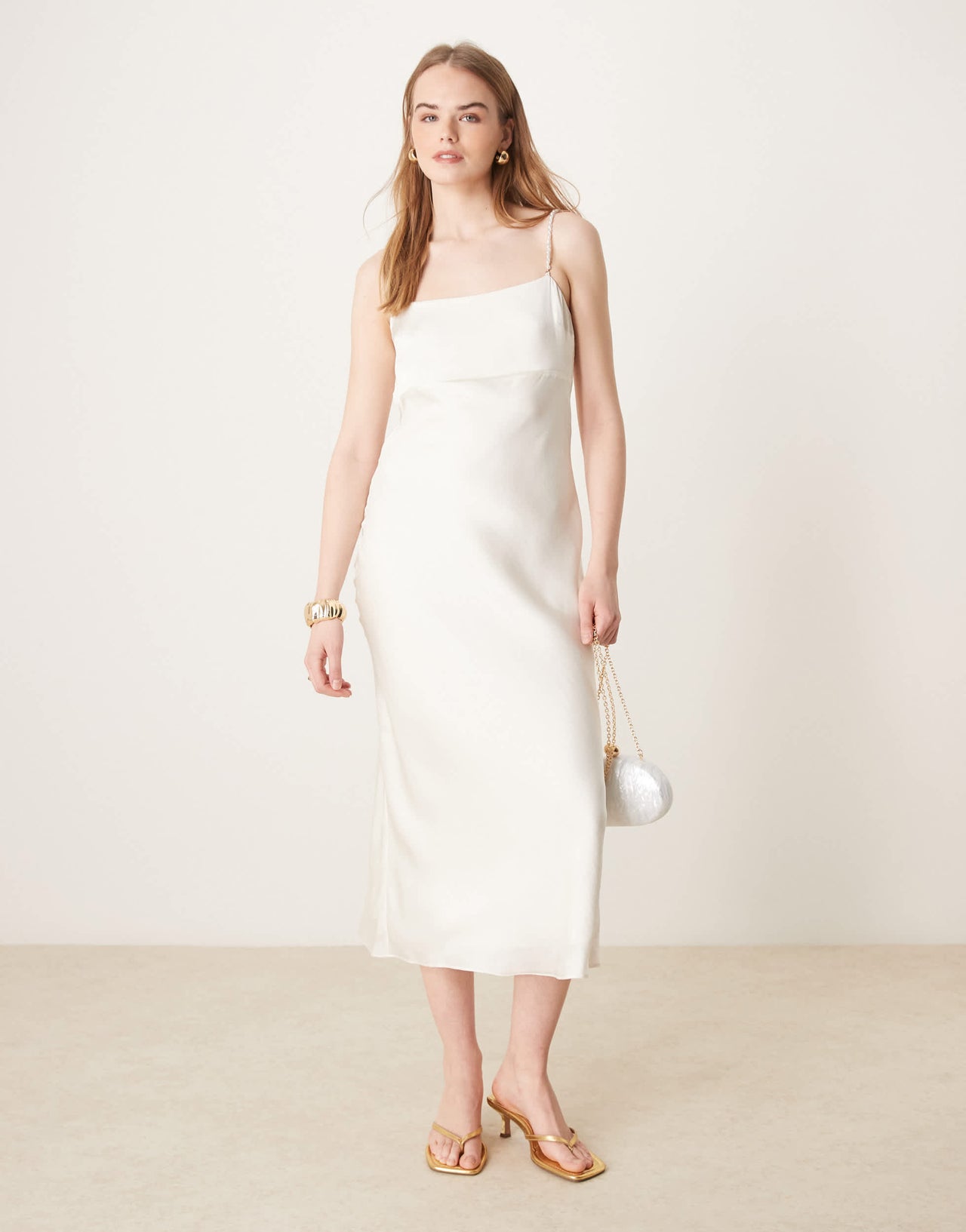 Abercrombie & Fitch bridal pearl strap slip maxi dress in white